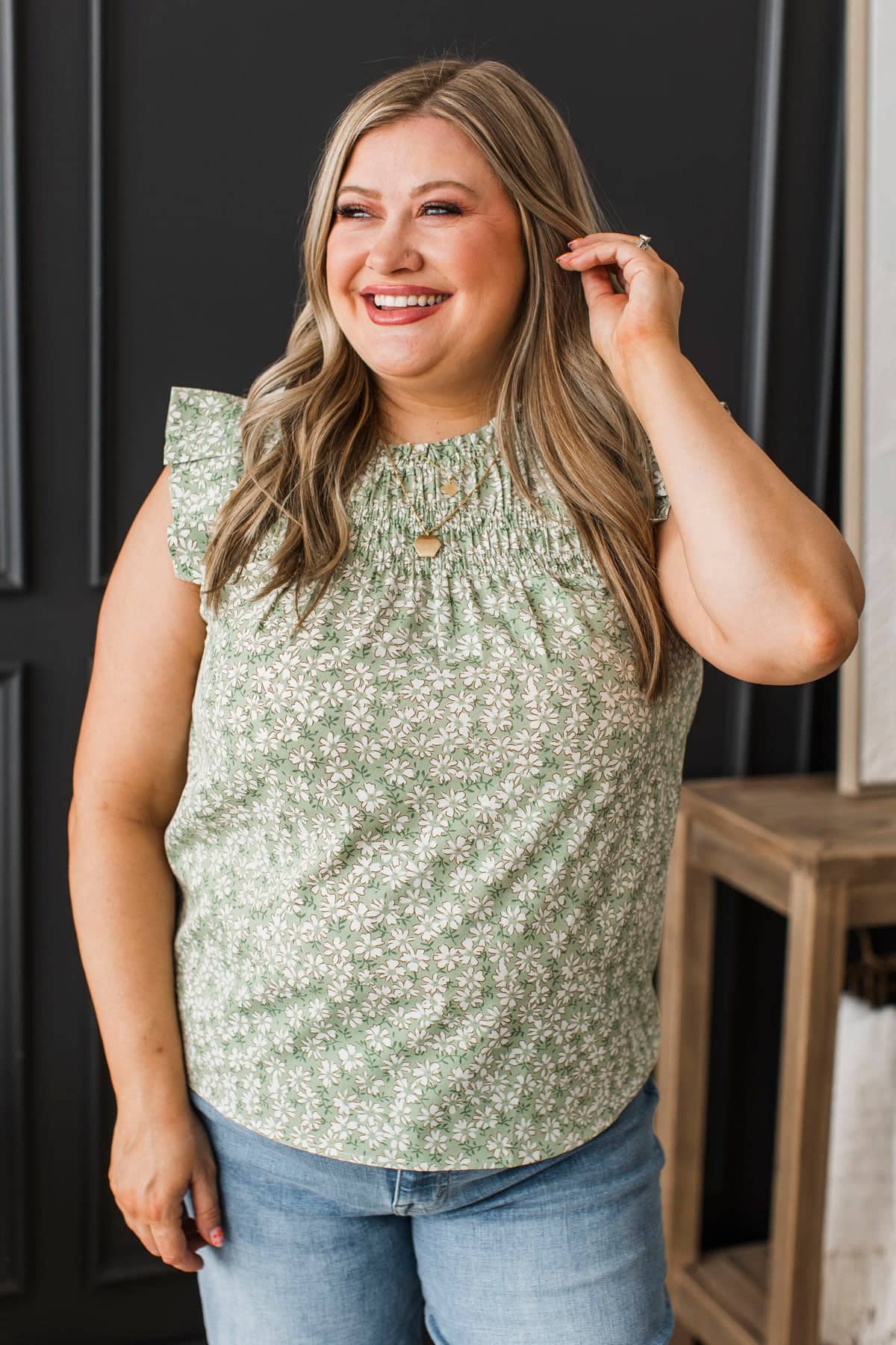 Never Beyond Reach Smocked Floral Blouse- Sage - Image 2