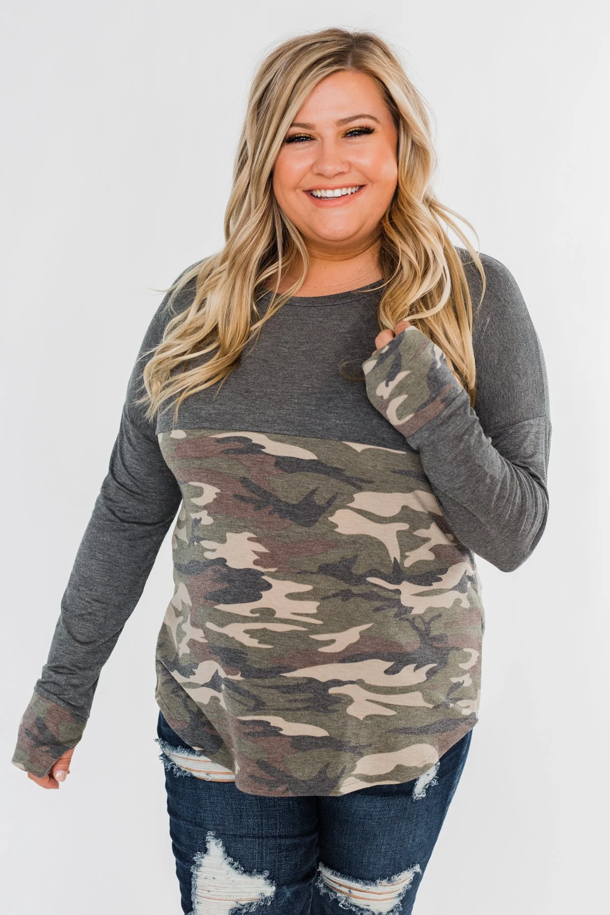 Never Blend In Color Block Top- Camo & Light Charcoal - Image 3