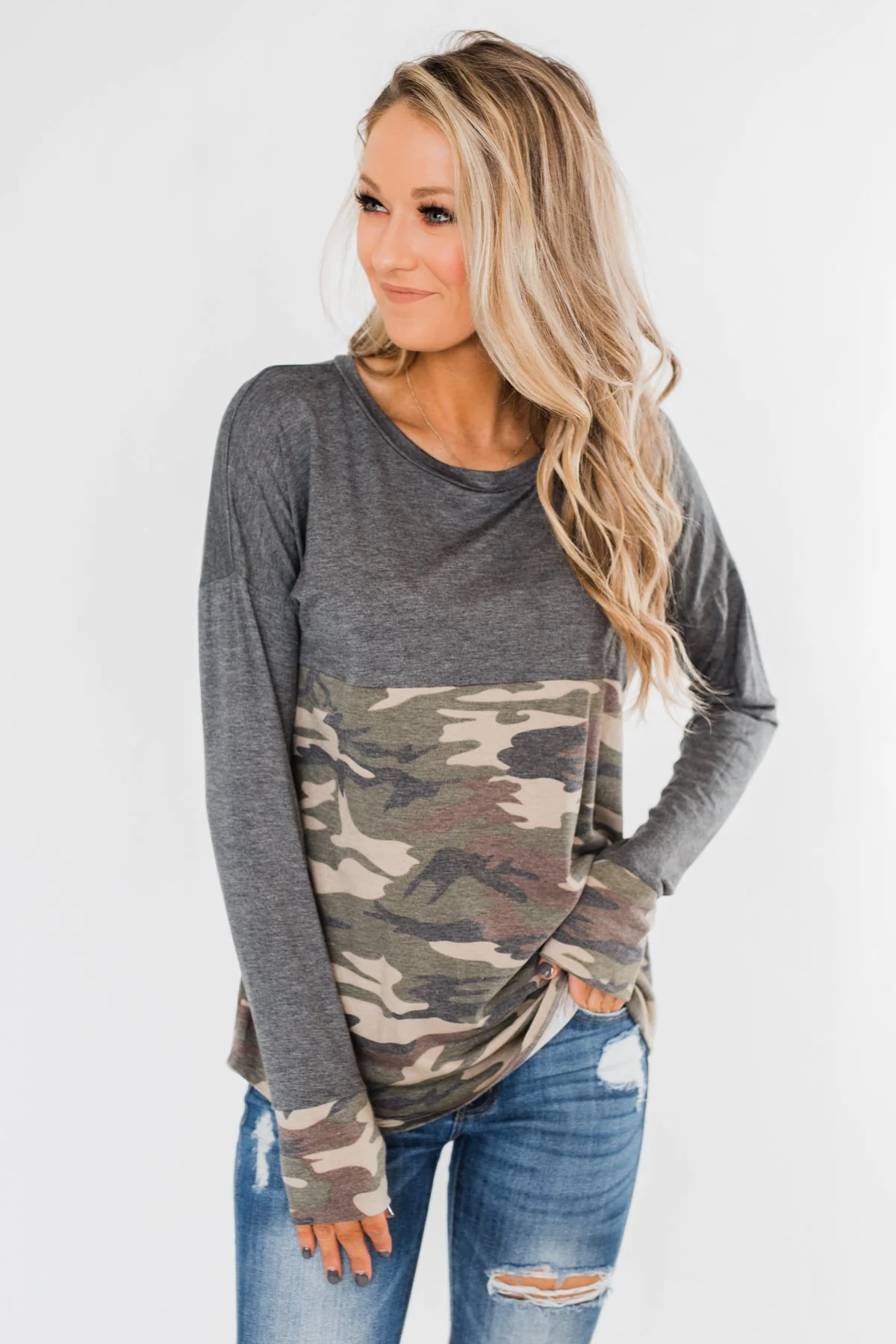 Never Blend In Color Block Top- Camo & Light Charcoal - Image 6