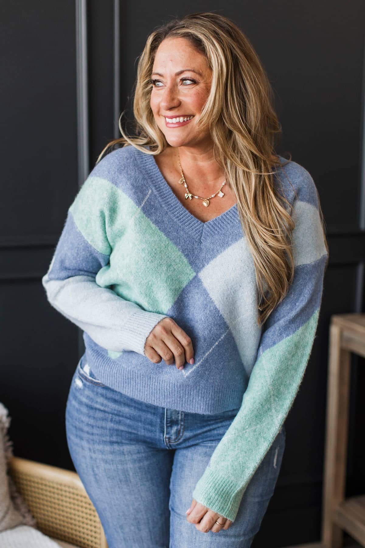 Never Defined V-Neck Argyle Sweater- Denim Blue - Image 2