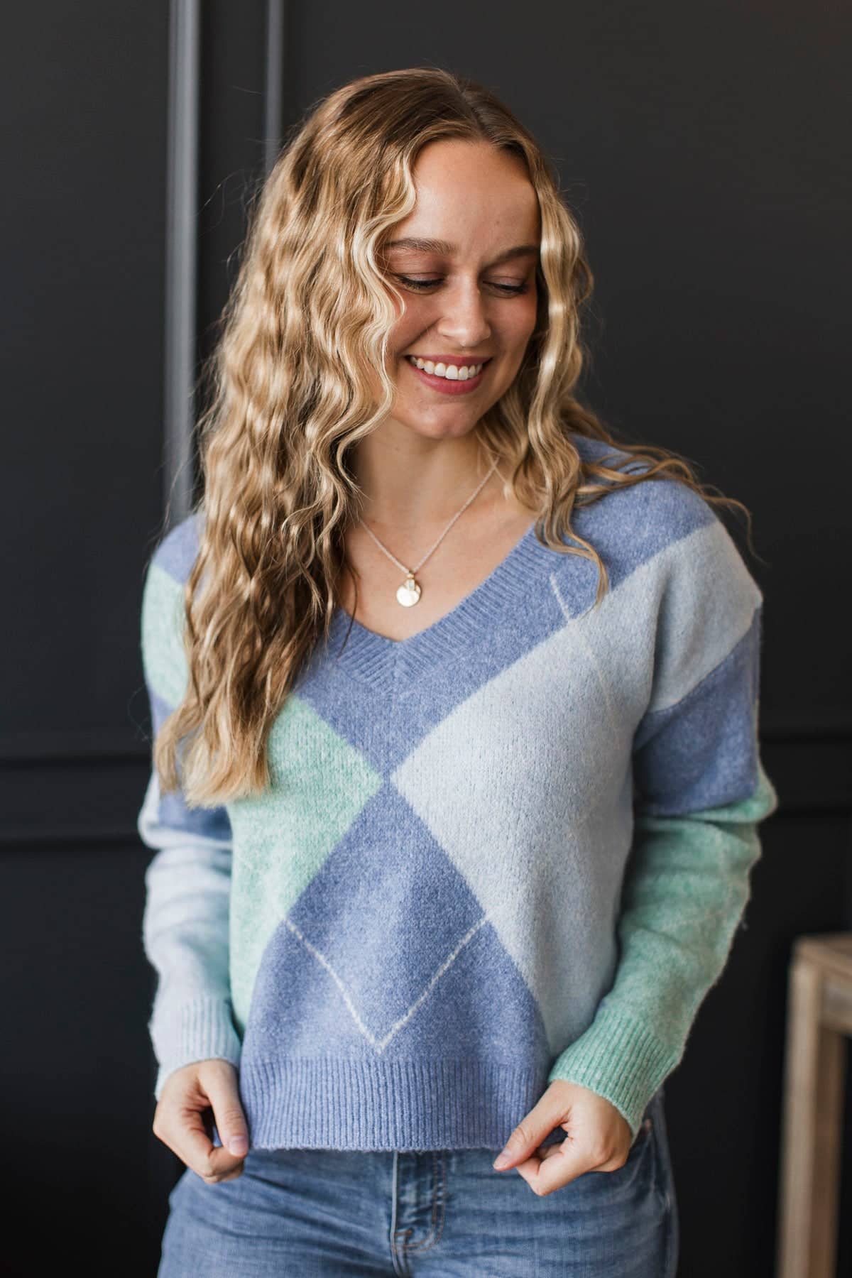 Never Defined V-Neck Argyle Sweater- Denim Blue - Image 3