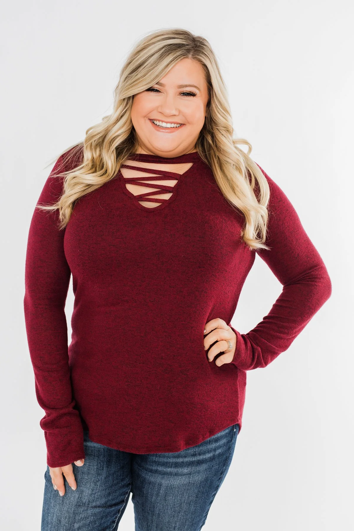 Never Ending Smiles Criss Cross Top- Burgundy - Image 5