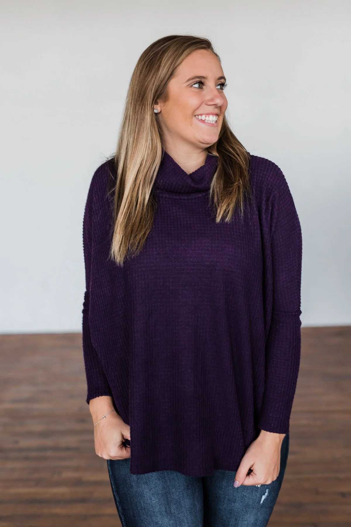 Never Let You Go Cowl Neck Sweater- Dark Eggplant - Image 2
