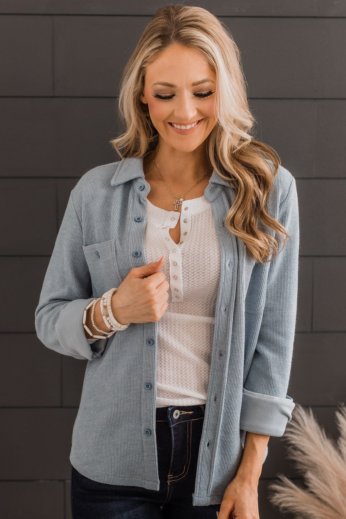 Never Letting Go Button Top- Dusty Blue - Image 3