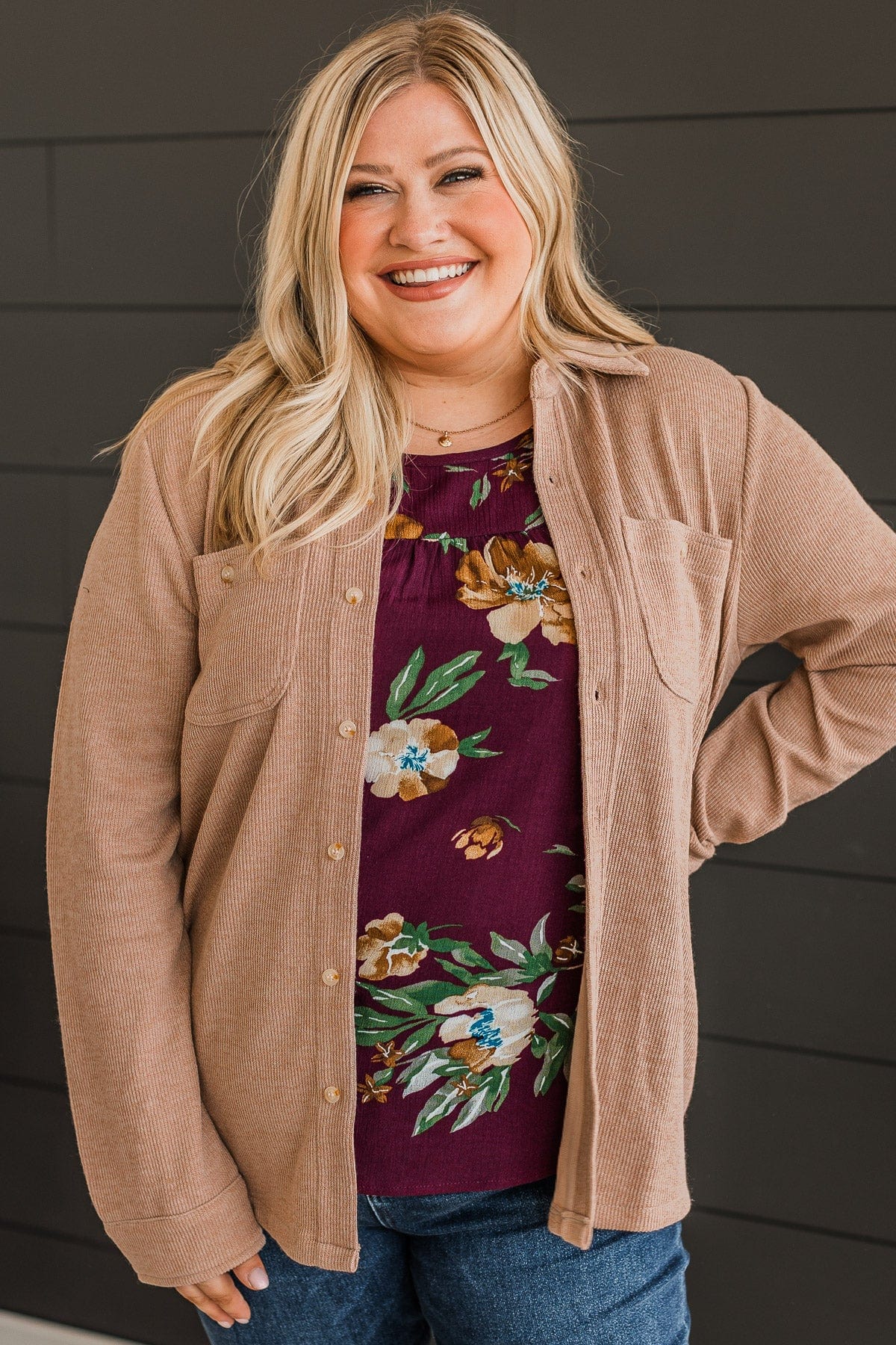 Never Letting Go Button Top- Taupe