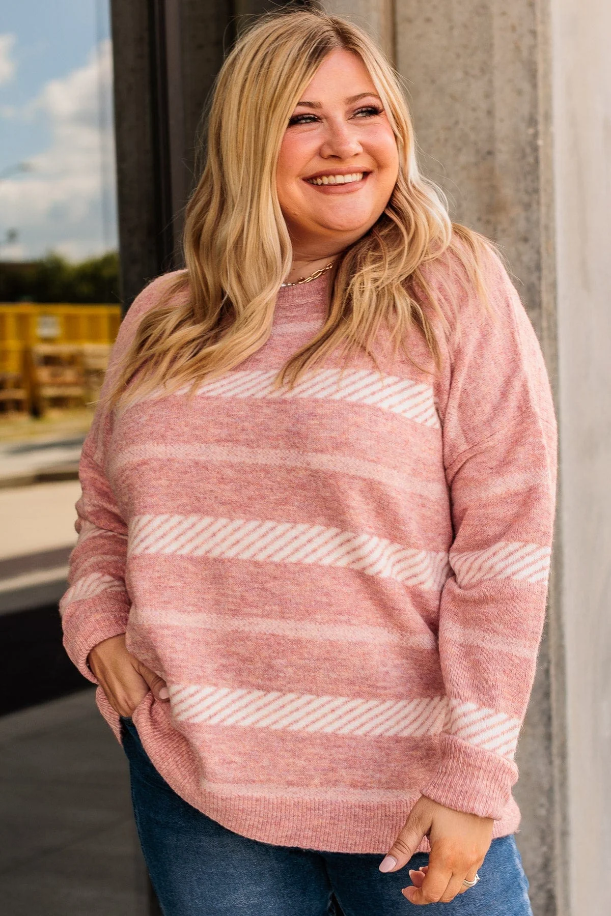 Never Look Back Striped Knit Sweater- Dusty Pink - Image 3