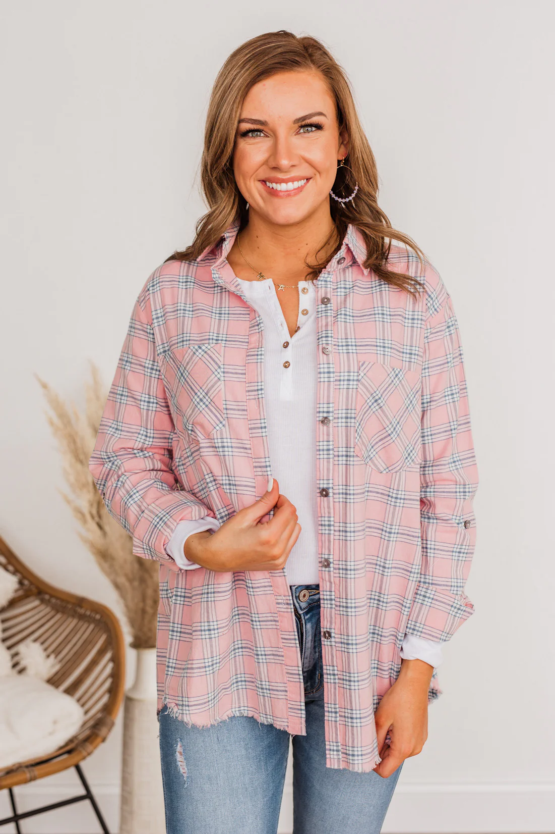 Never Out Of Style Frayed Button Plaid Top- Pink - Image 5