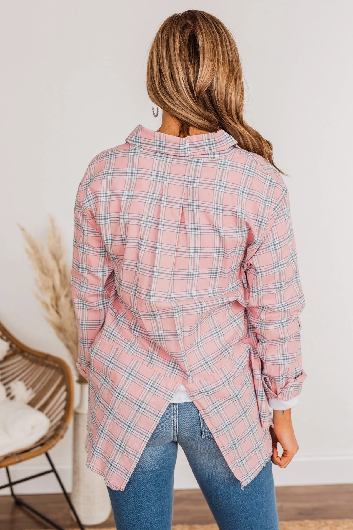 Never Out Of Style Frayed Button Plaid Top- Pink - Image 8