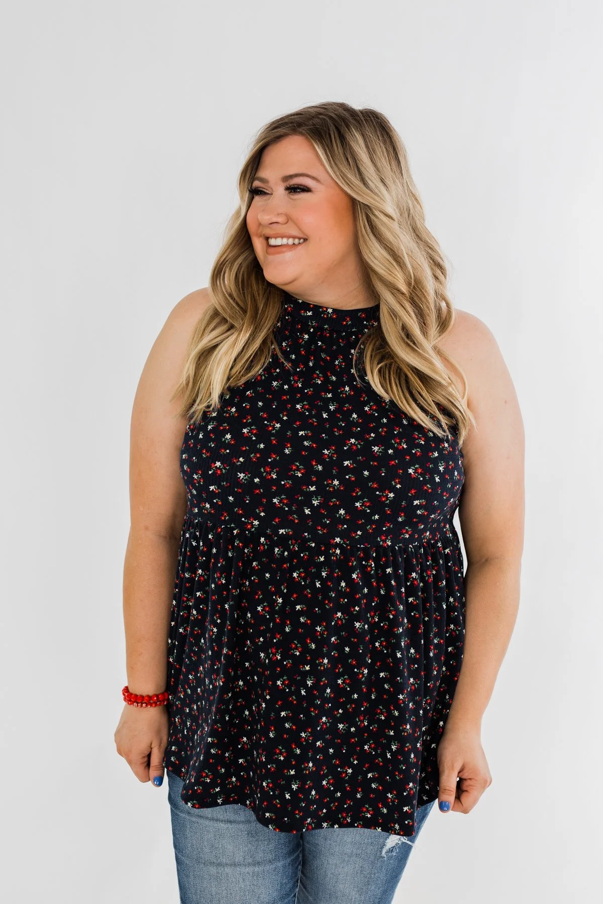 Never Say Never Floral Babydoll Tank Top- Deep Navy - Image 5