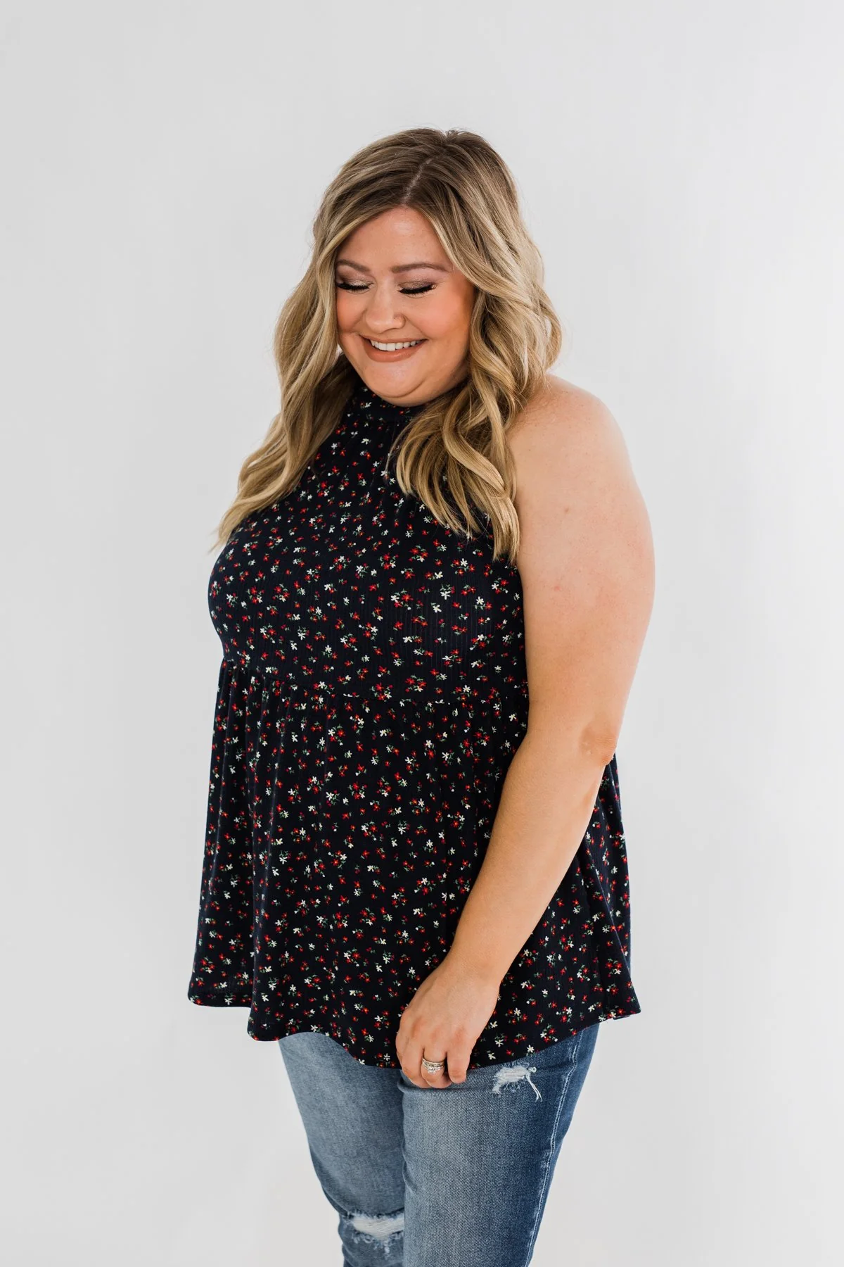 Never Say Never Floral Babydoll Tank Top- Deep Navy - Image 6