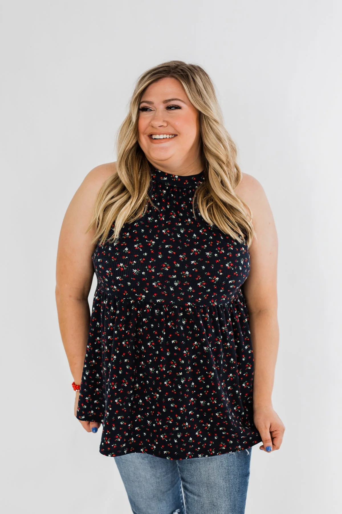 Never Say Never Floral Babydoll Tank Top- Deep Navy - Image 7