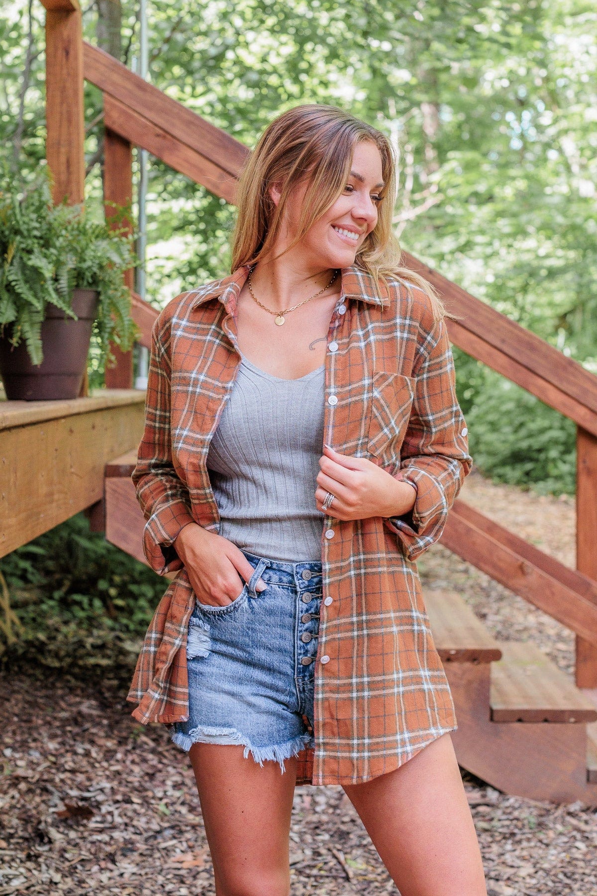 Never Stop Exploring Button Down Top- Rust & Blue - Image 3