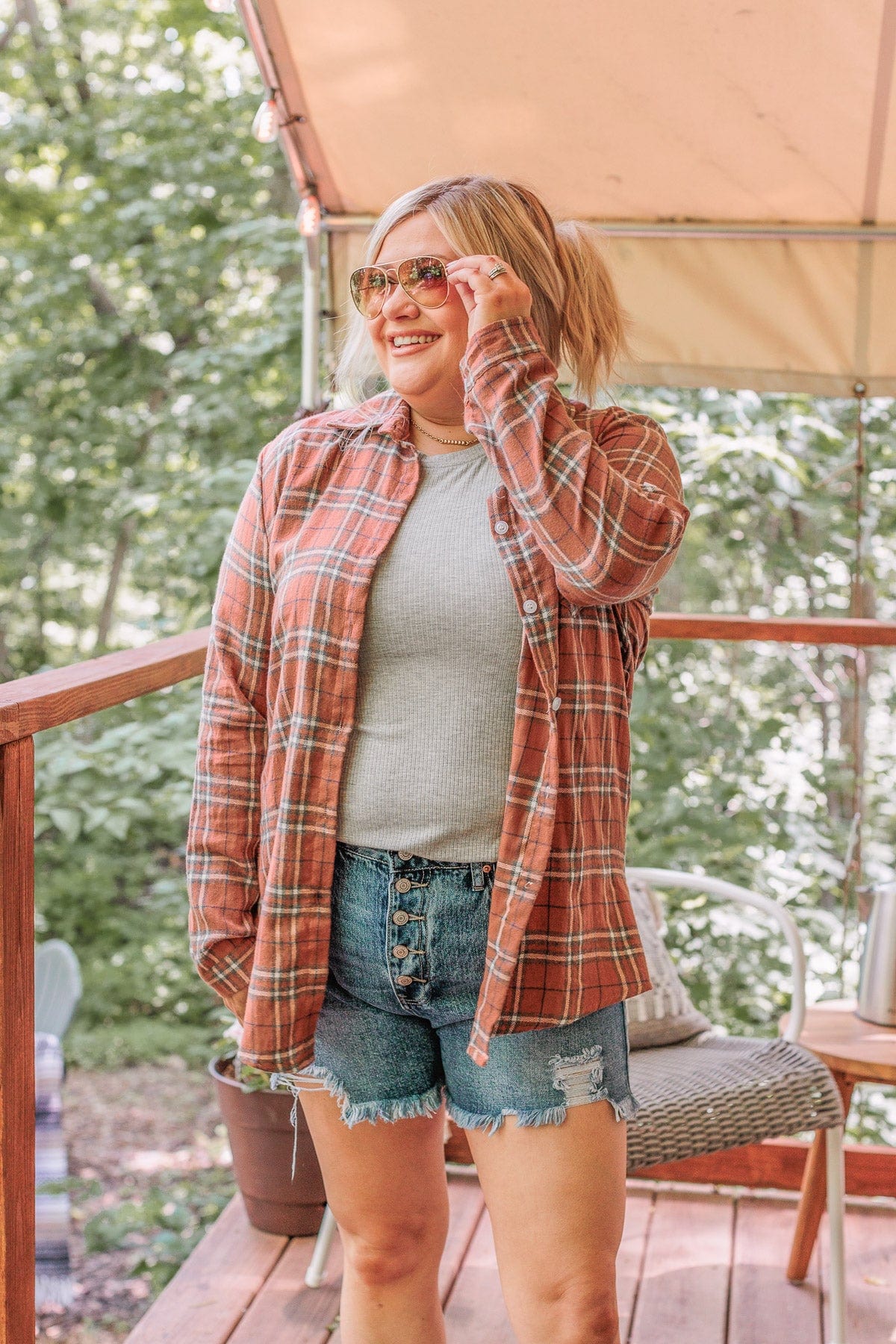 Never Stop Exploring Button Down Top- Rust & Blue - Image 4
