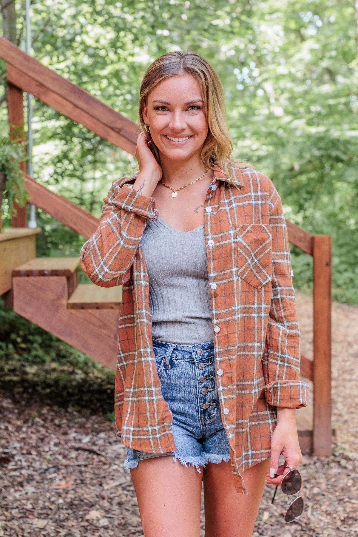Never Stop Exploring Button Down Top- Rust & Blue - Image 5