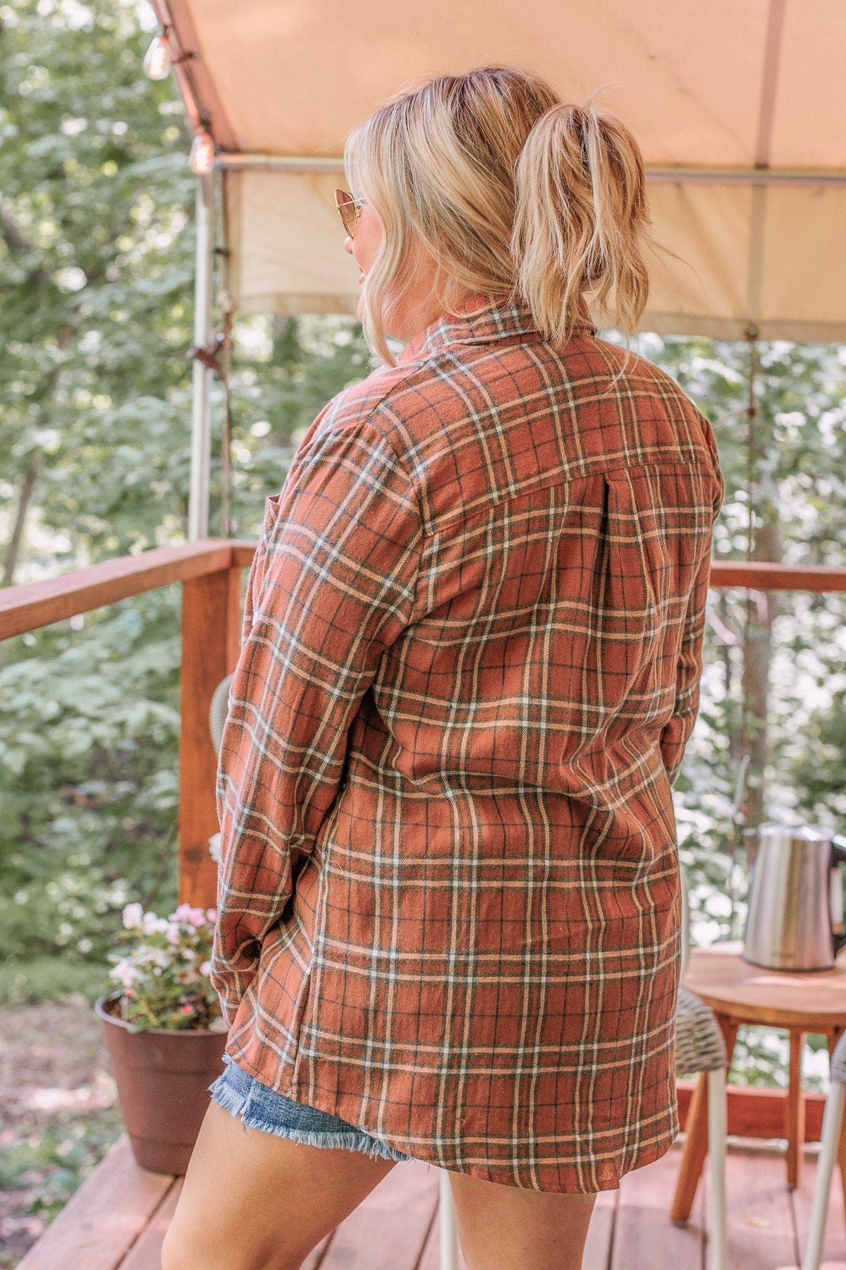 Never Stop Exploring Button Down Top- Rust & Blue - Image 7