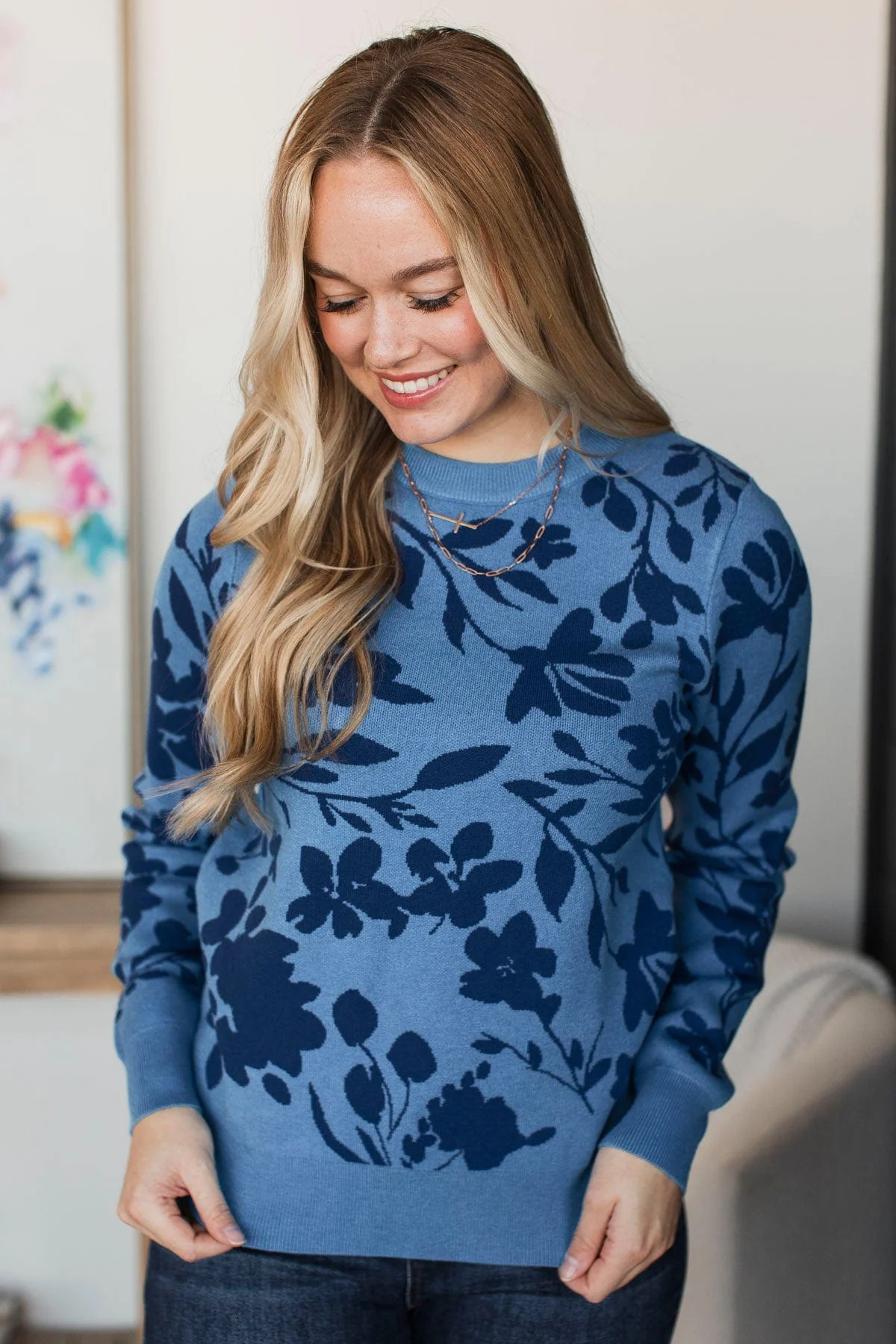 Never Stray Knit Floral Sweater- Navy - Image 3