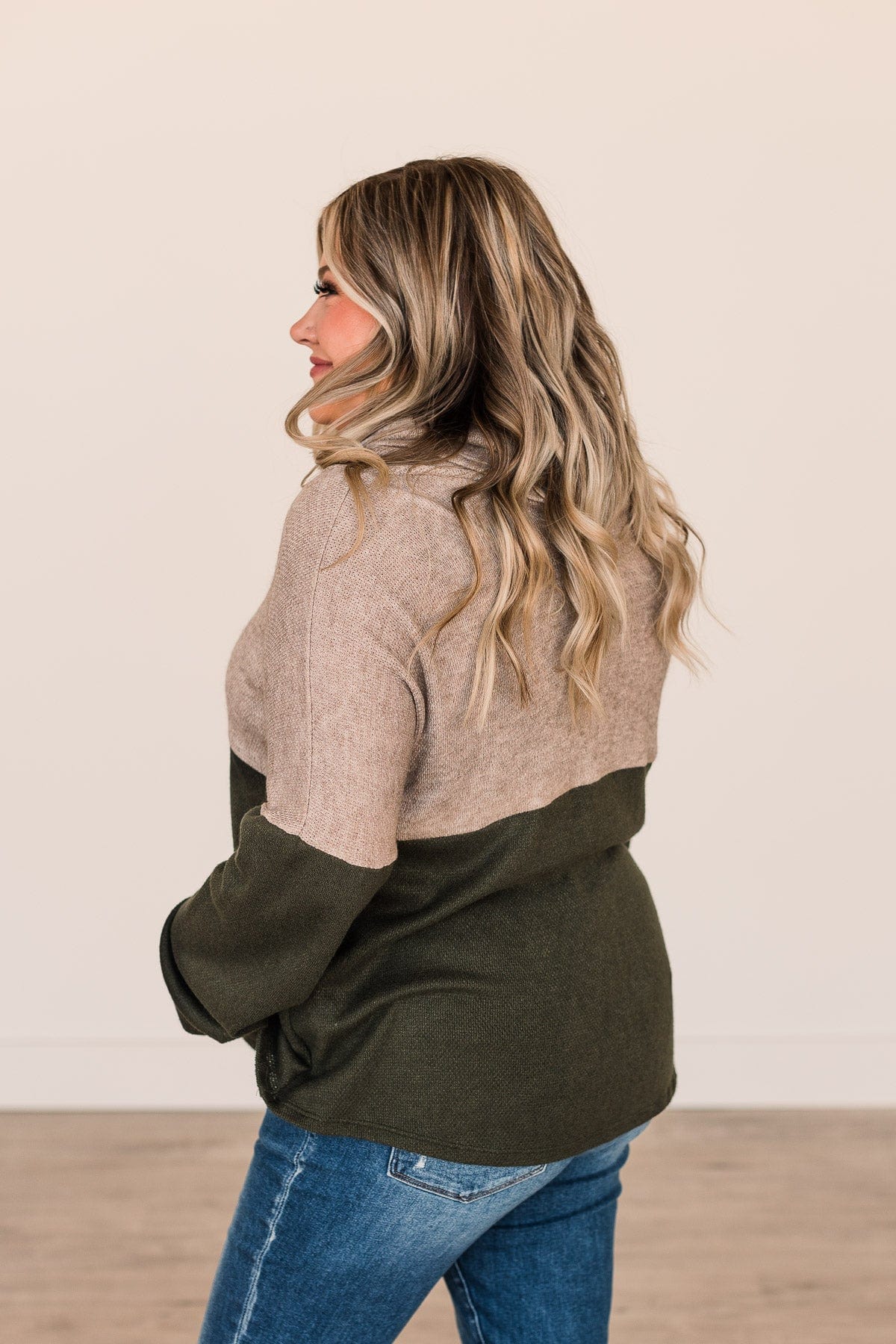 Never Too Close Cowl Neck Top- Taupe & Dark Olive - Image 6
