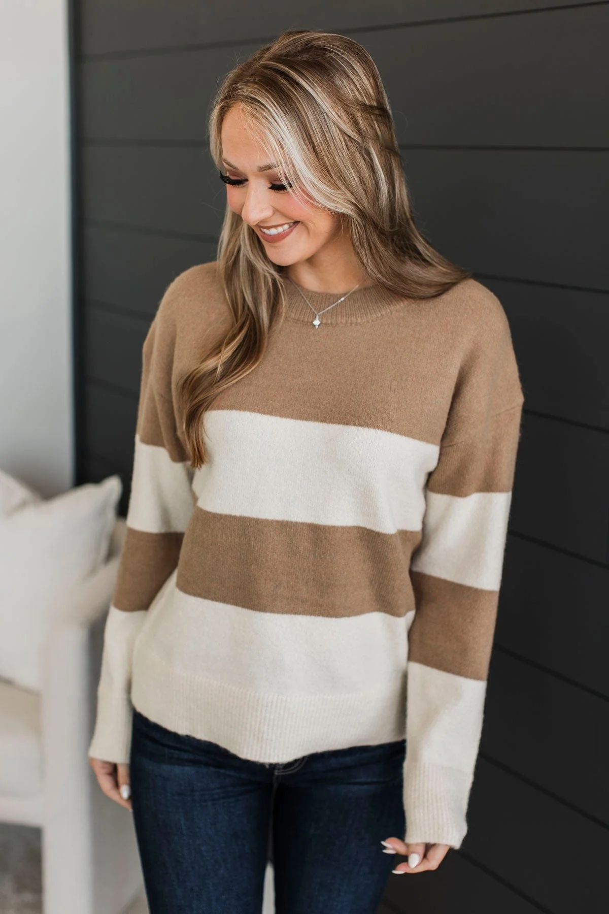 New Aspirations Striped Sweater- Camel & Ivory