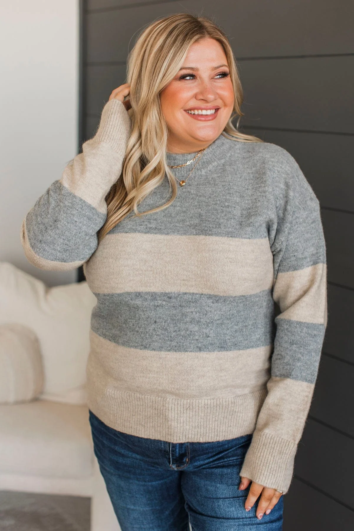 New Aspirations Striped Sweater- Heather Grey - Image 4