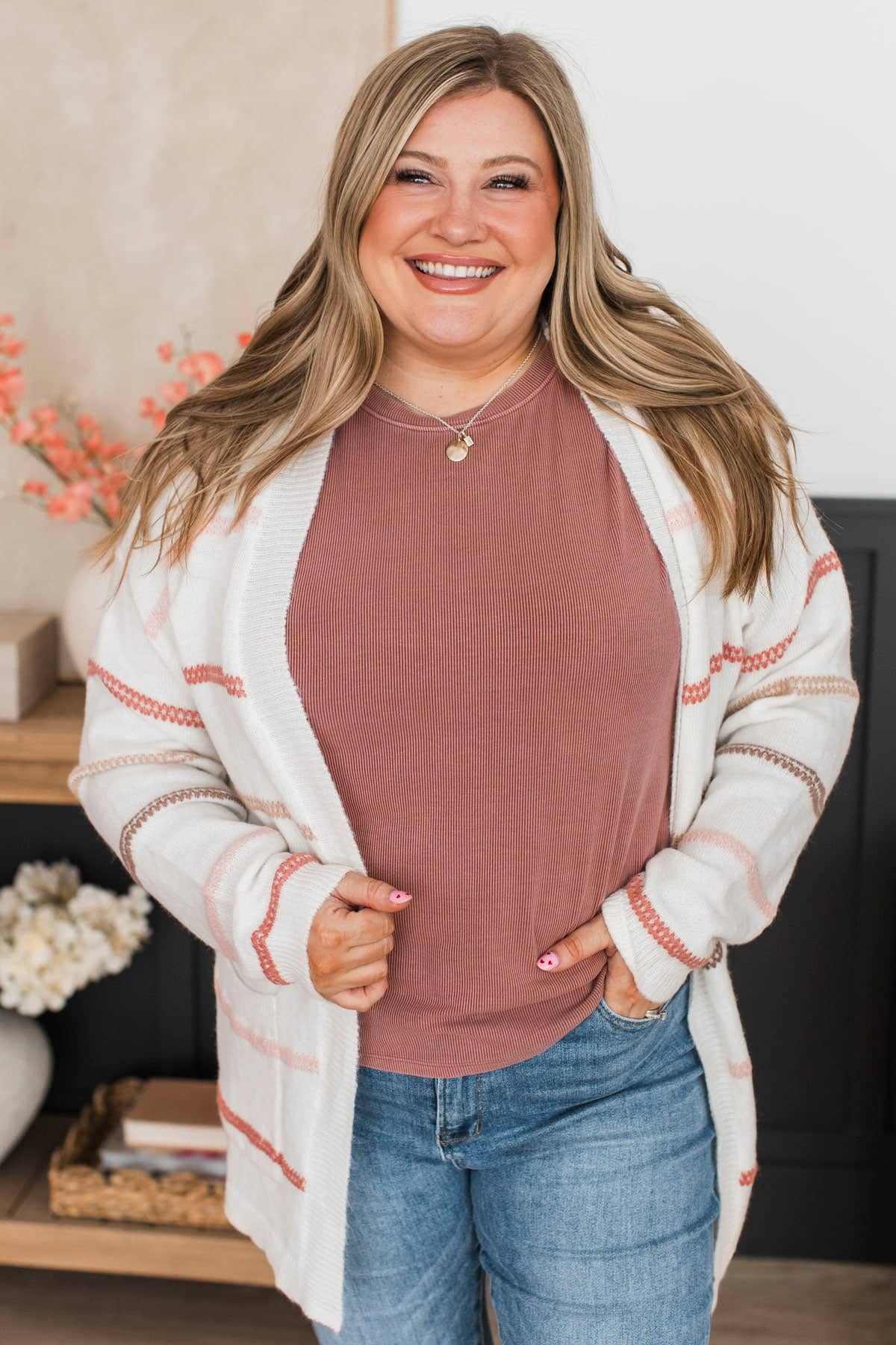 New Memories Striped Cardigan- Ivory & Mauve - Image 3