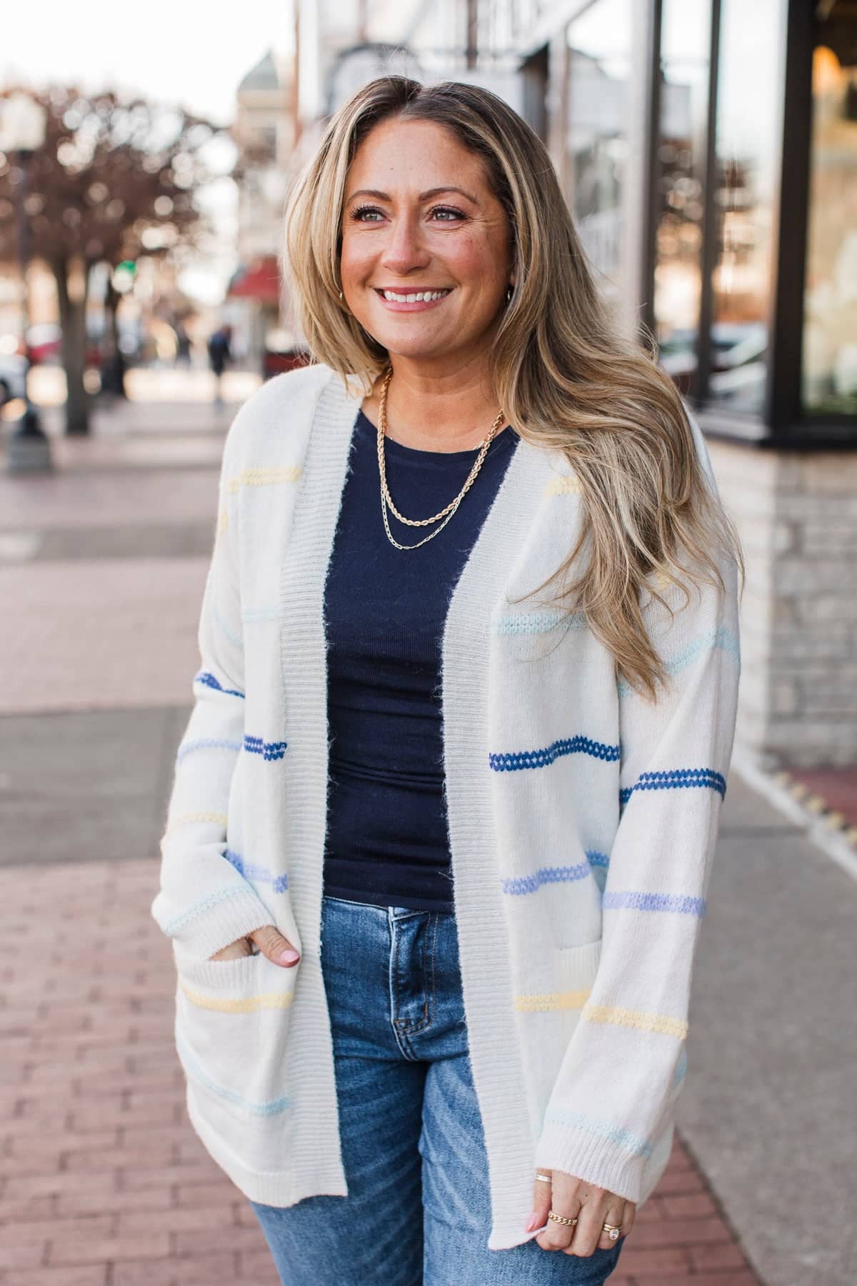 New Memories Striped Cardigan- Ivory, Yellow & Blue - Image 4