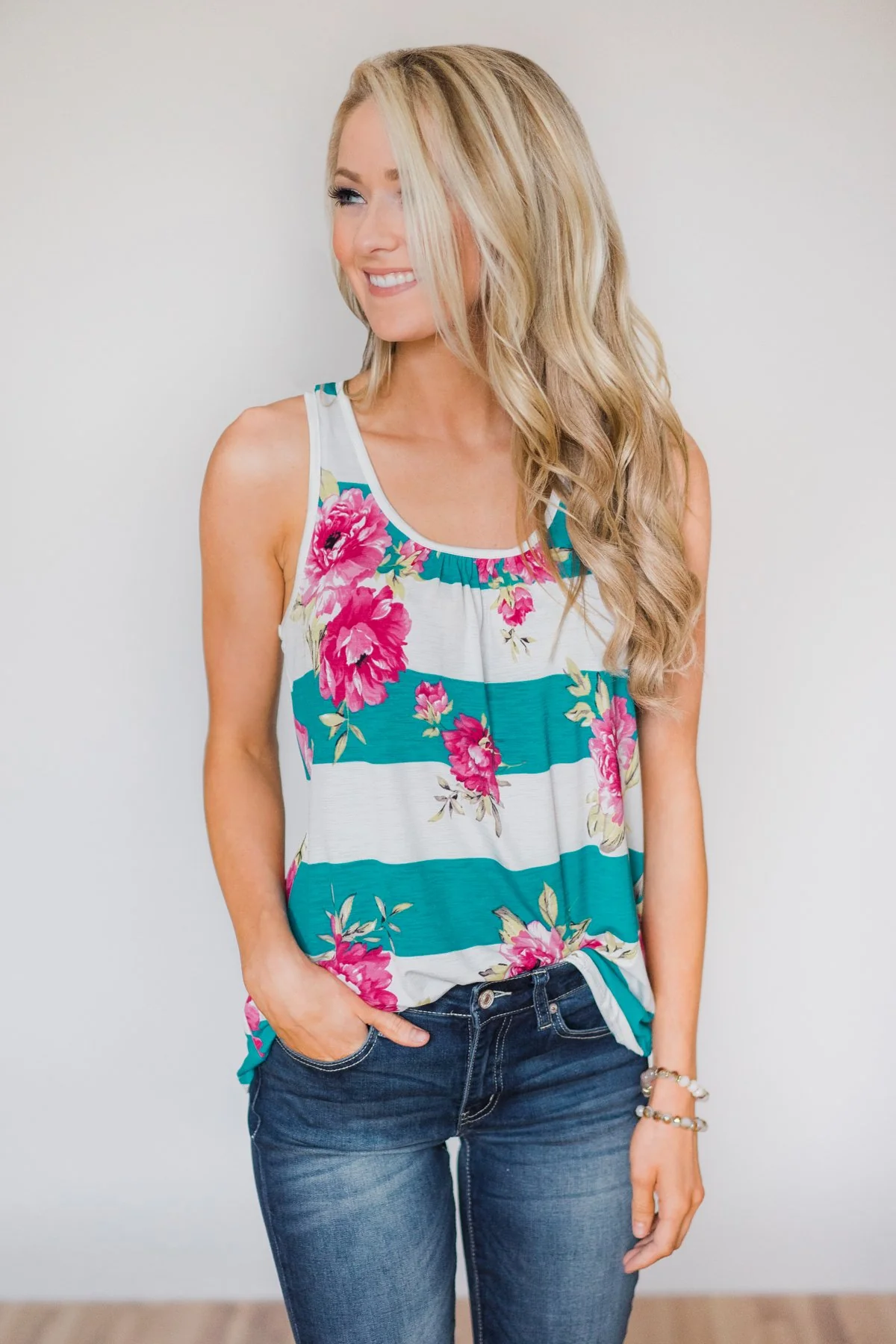 New Places To Be Floral & Striped Tank Top- Teal