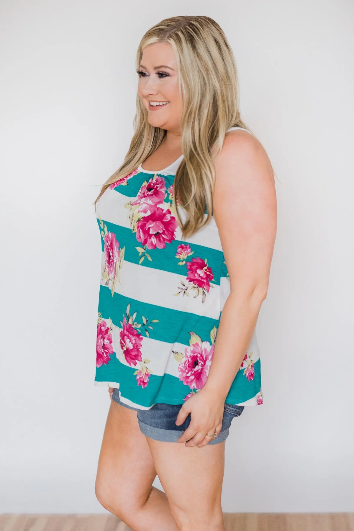 New Places To Be Floral & Striped Tank Top- Teal - Image 6