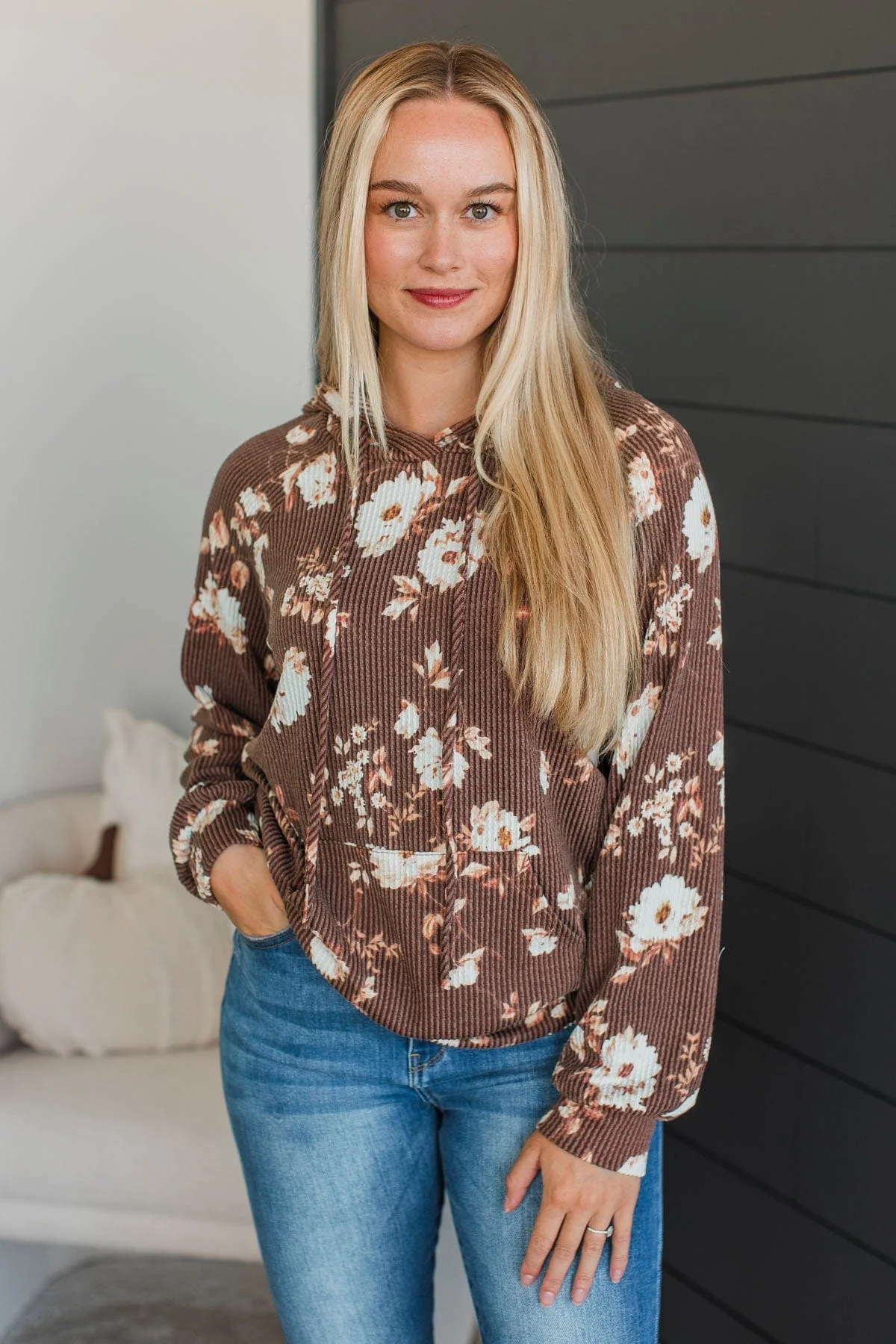 Next To Happiness Hooded Floral Top- Brown - Image 3