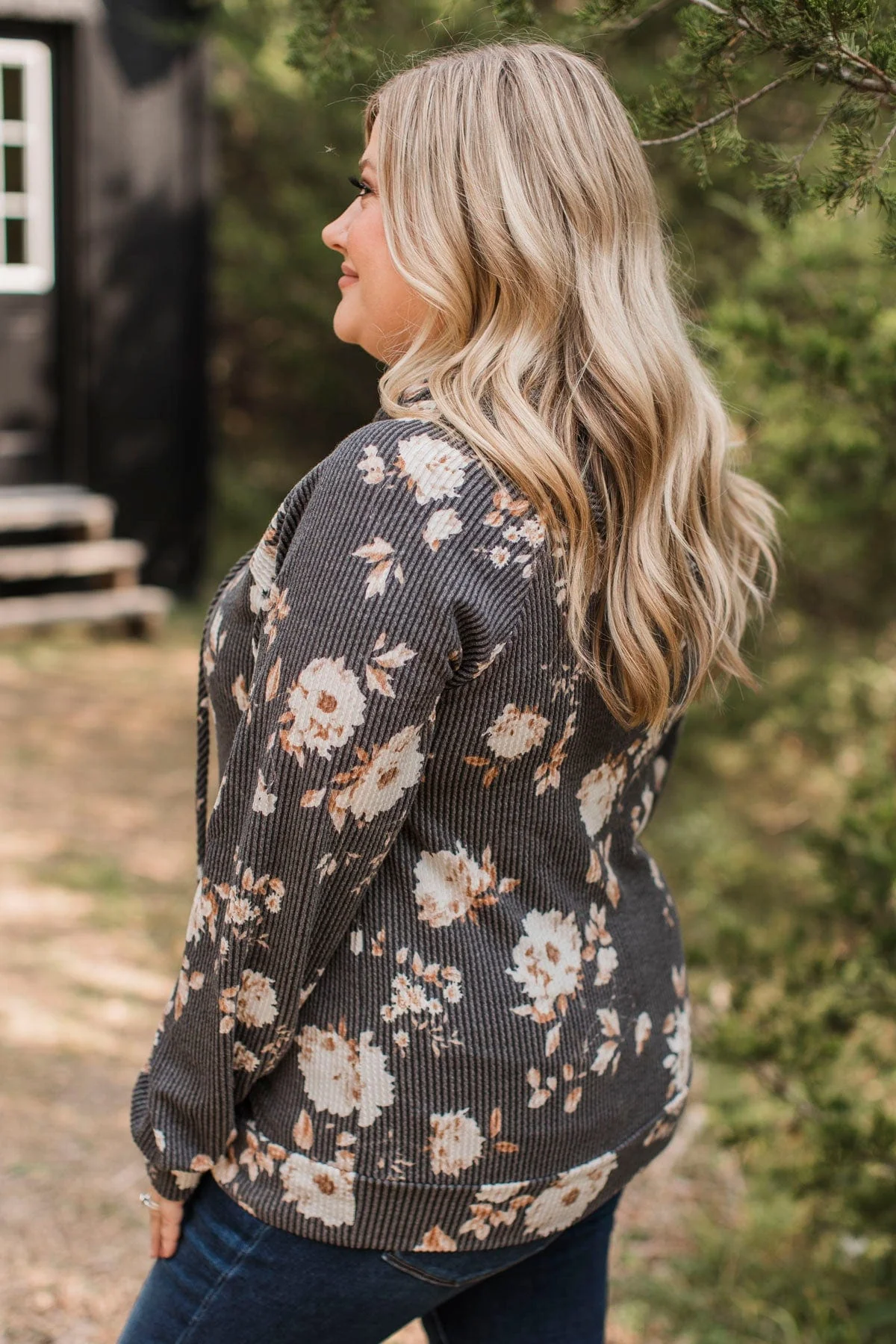 Next To Happiness Hooded Floral Top- Charcoal - Image 7