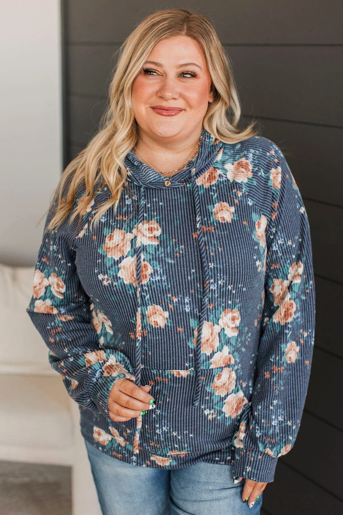 Next To Happiness Hooded Floral Top- Navy