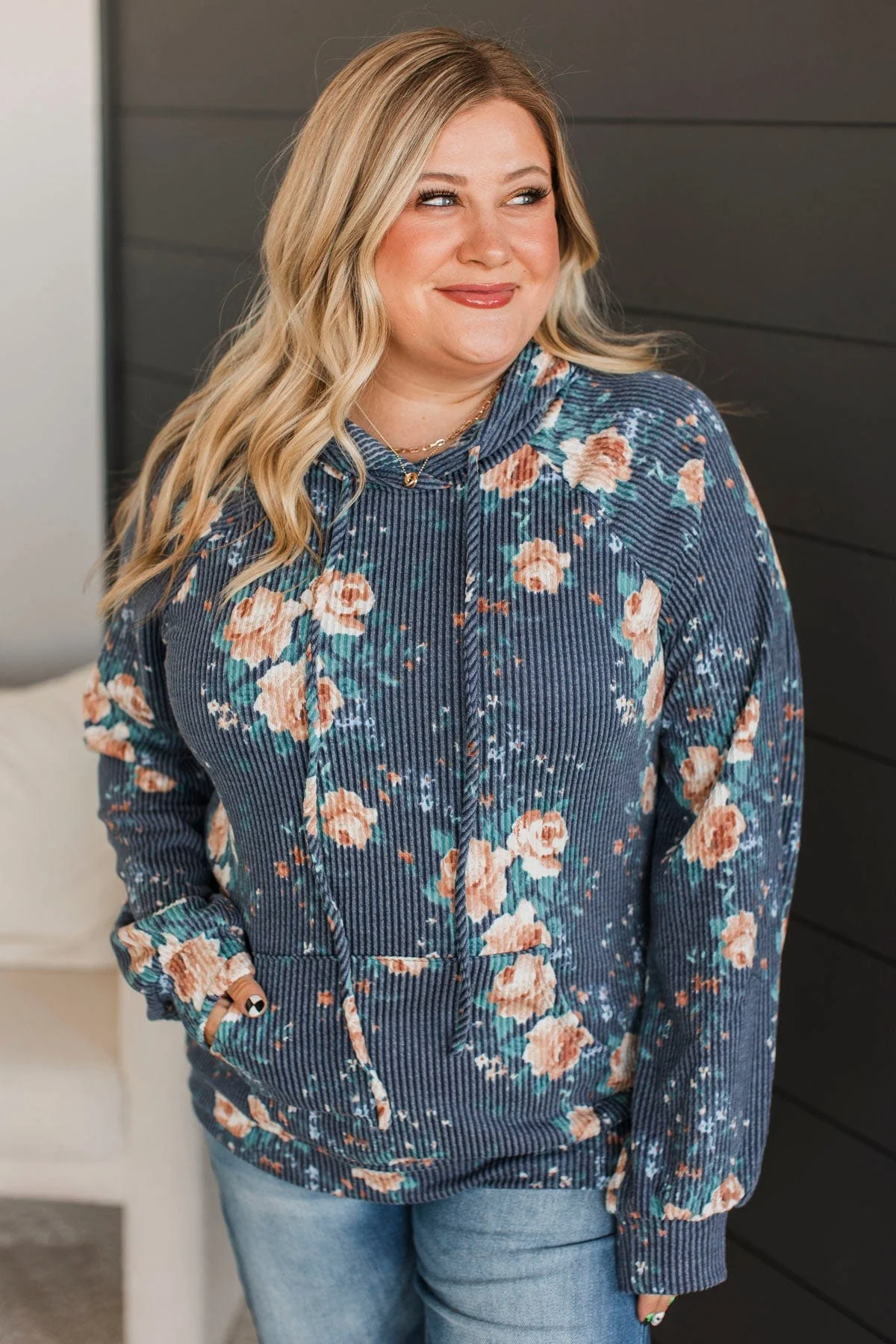Next To Happiness Hooded Floral Top- Navy - Image 3