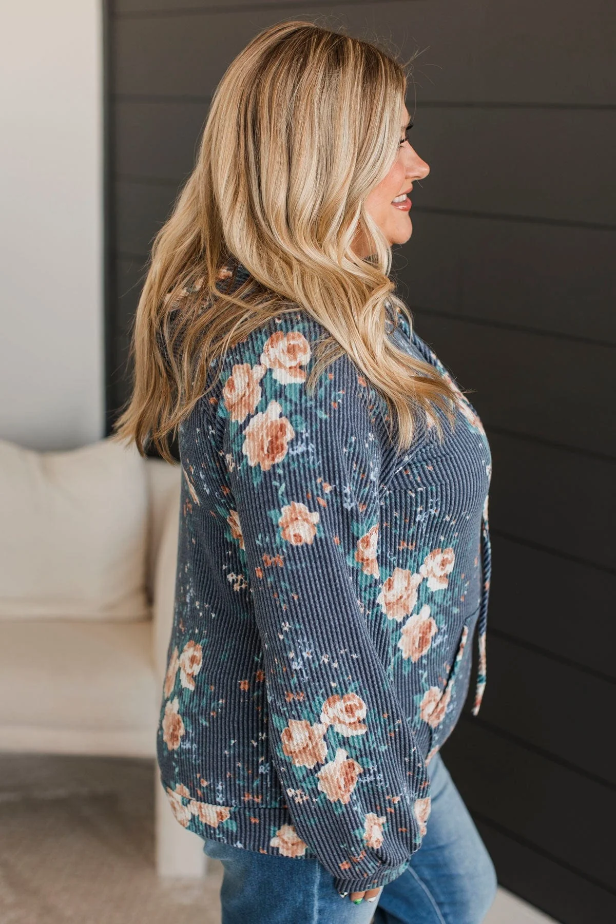 Next To Happiness Hooded Floral Top- Navy - Image 5