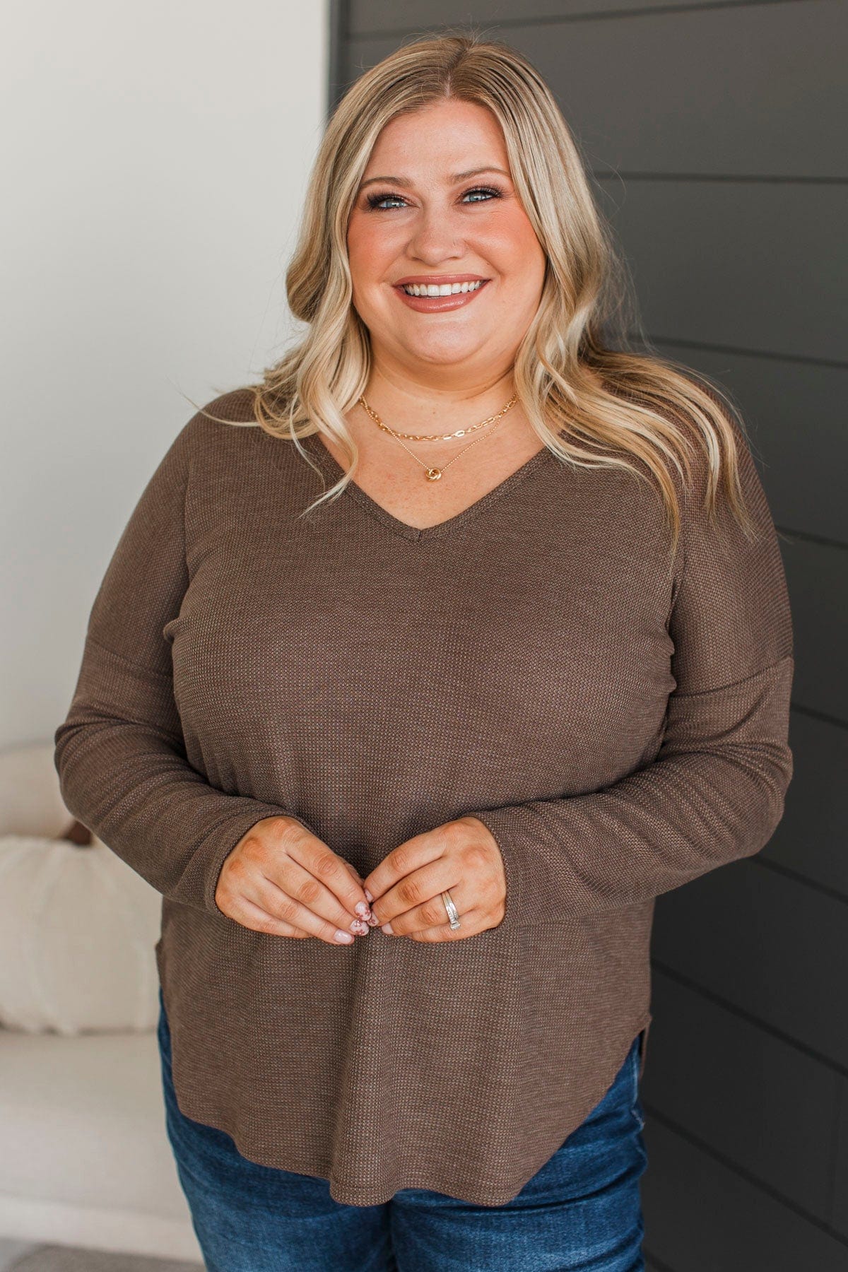 Hello To Happiness V-Neck Top- Dark Mocha - Image 4
