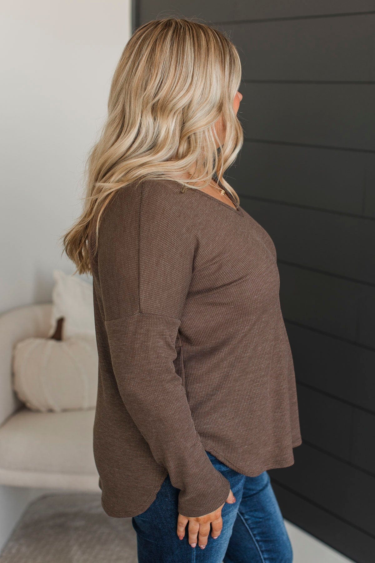 Hello To Happiness V-Neck Top- Dark Mocha - Image 6