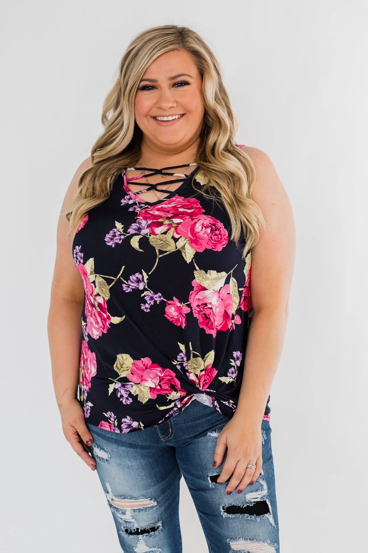 Night Away Floral Criss Cross Tank Top- Navy