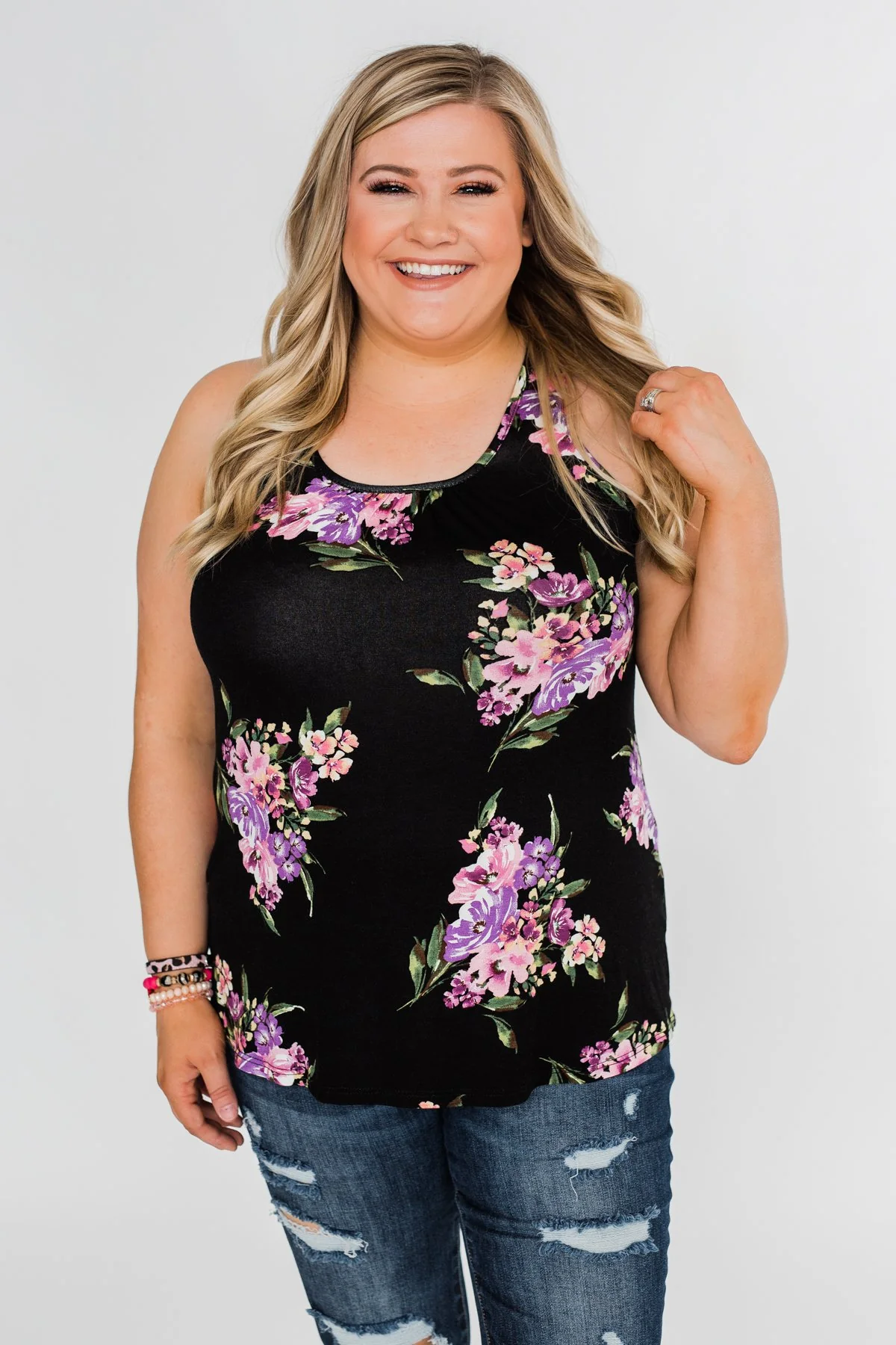 Night Blooms Floral Racerback Tank Top- Black - Image 2