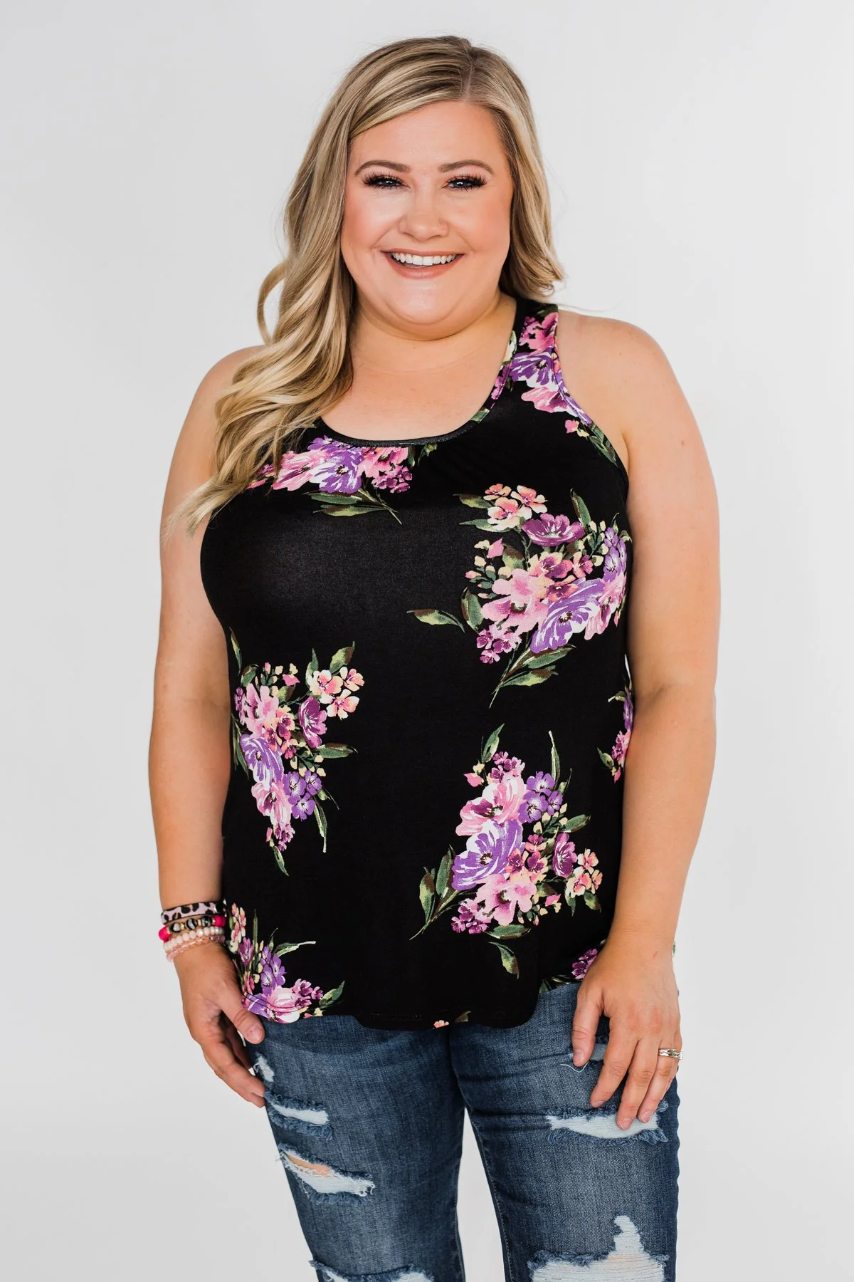 Night Blooms Floral Racerback Tank Top- Black - Image 4