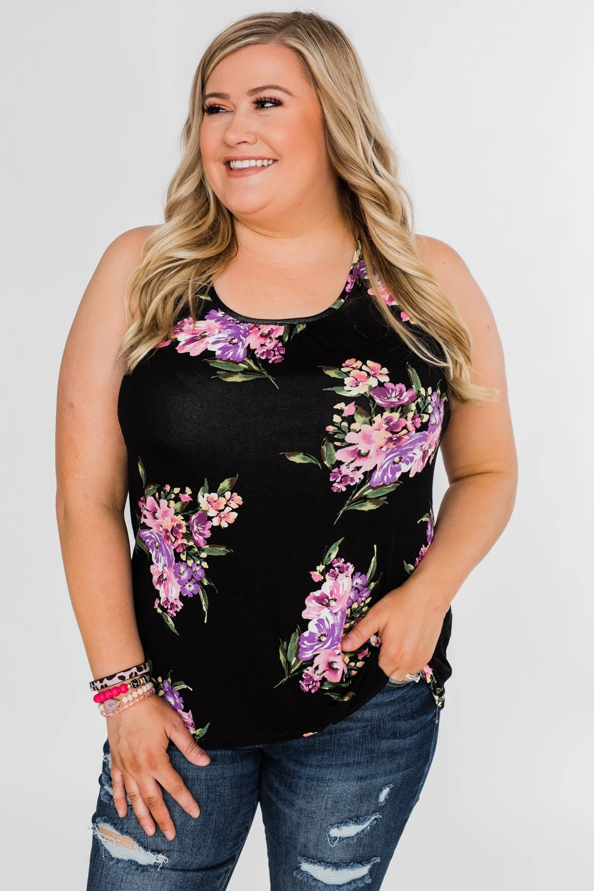 Night Blooms Floral Racerback Tank Top- Black - Image 6