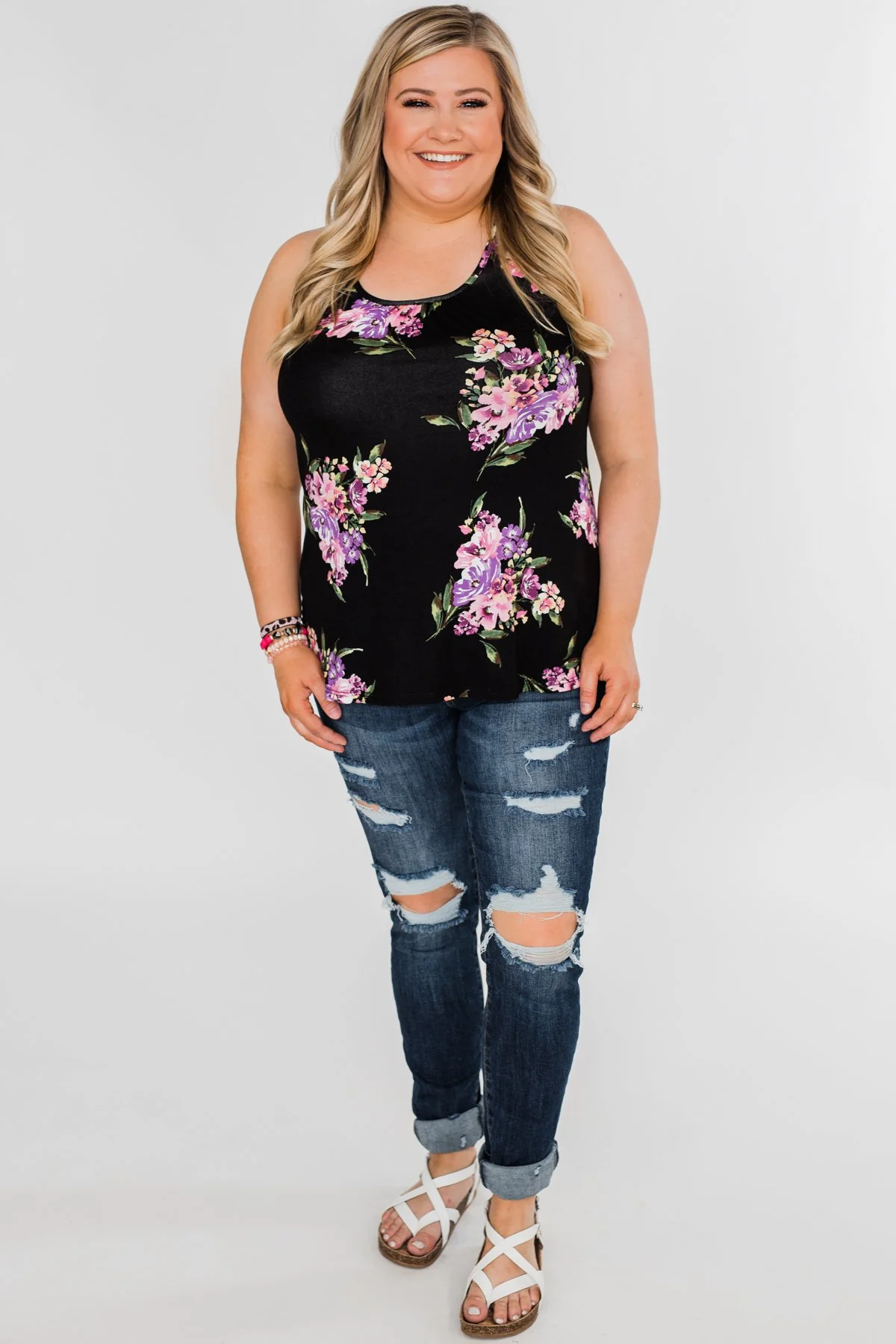 Night Blooms Floral Racerback Tank Top- Black - Image 7