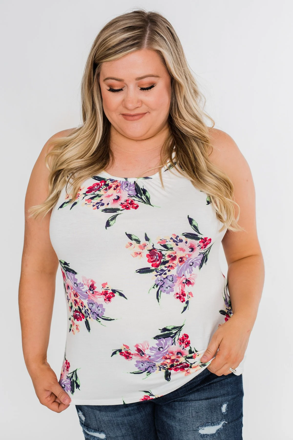 Night Blooms Floral Racerback Tank Top- Ivory - Image 7