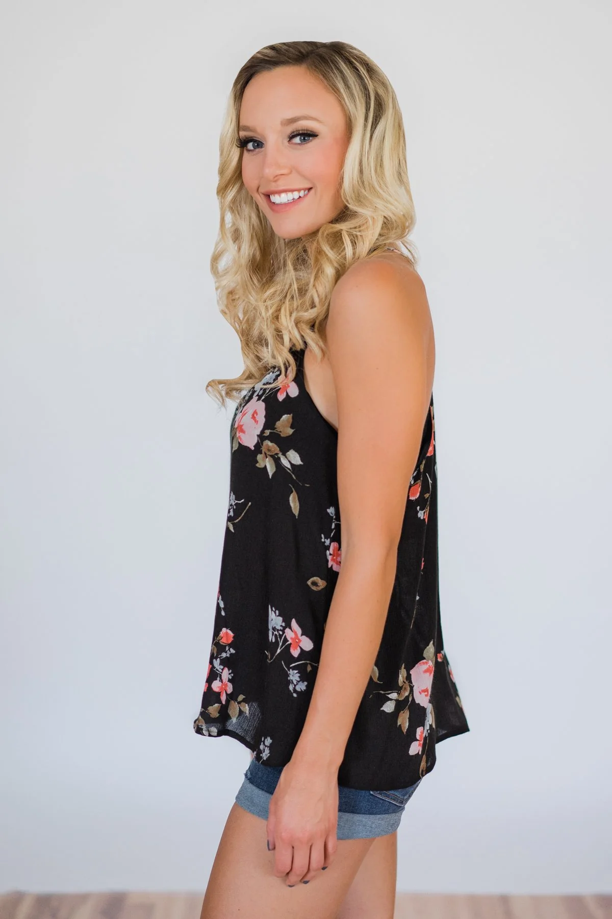 Night is Still Young Floral Racerback Tank Top- Black - Image 4