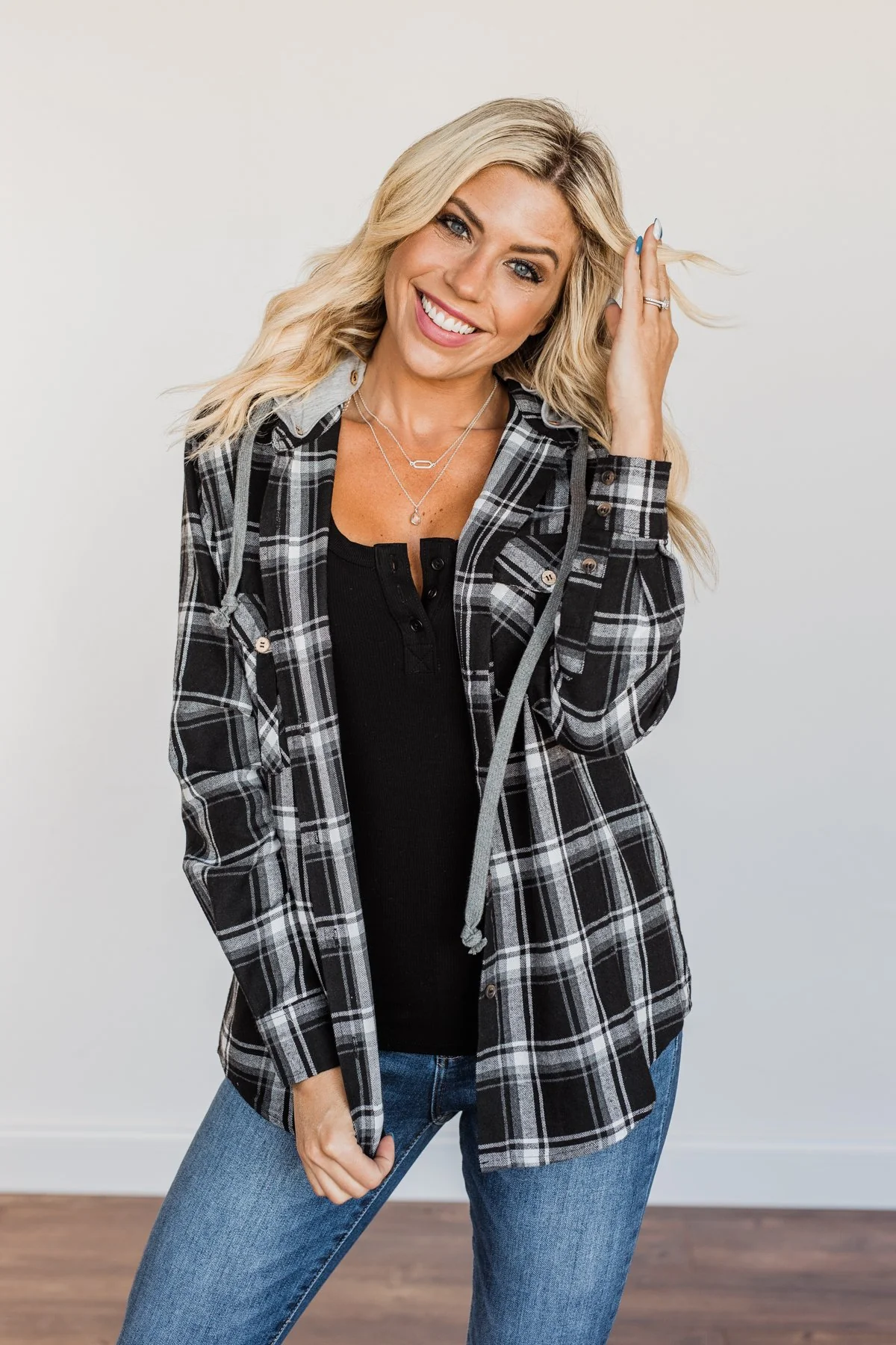 Nights By The Fire Hooded Plaid Top- Black - Image 10