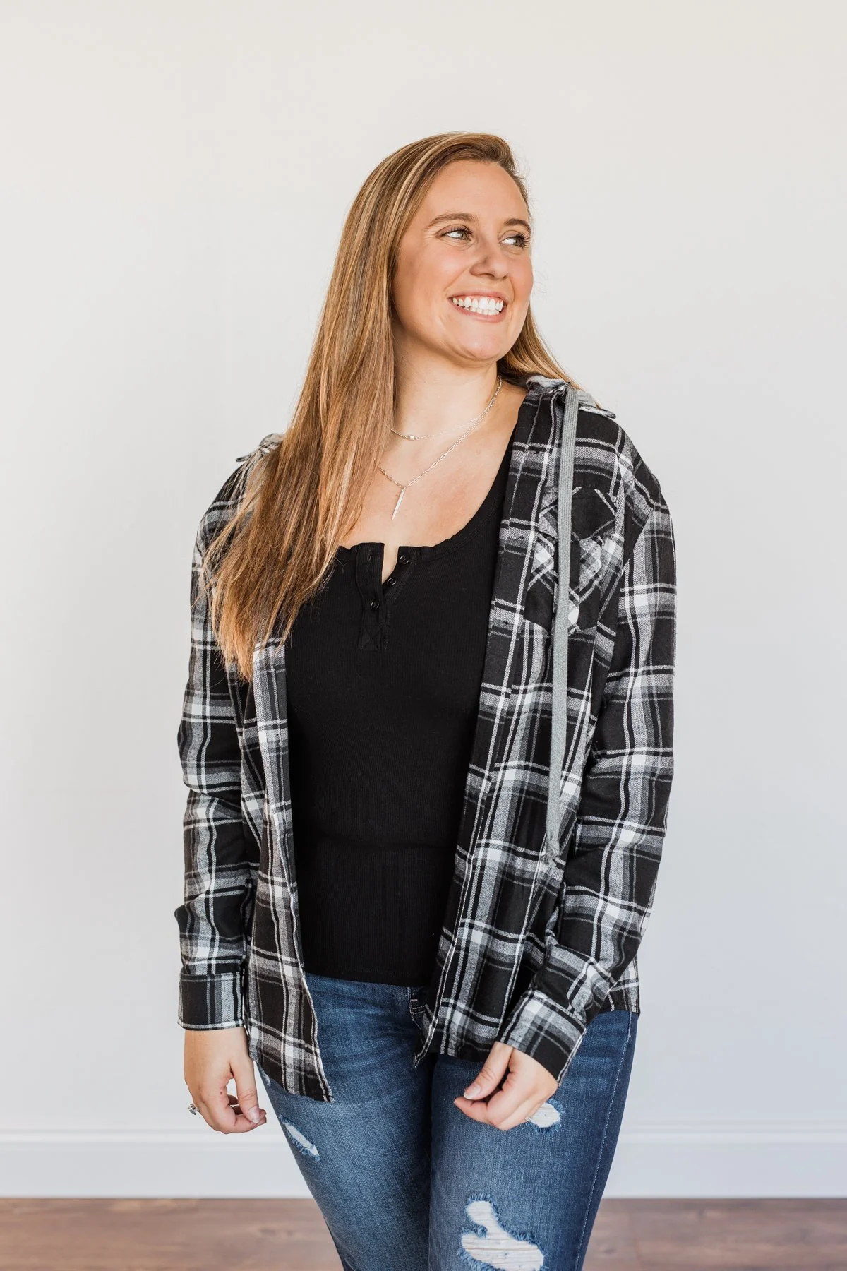 Nights By The Fire Hooded Plaid Top- Black - Image 11