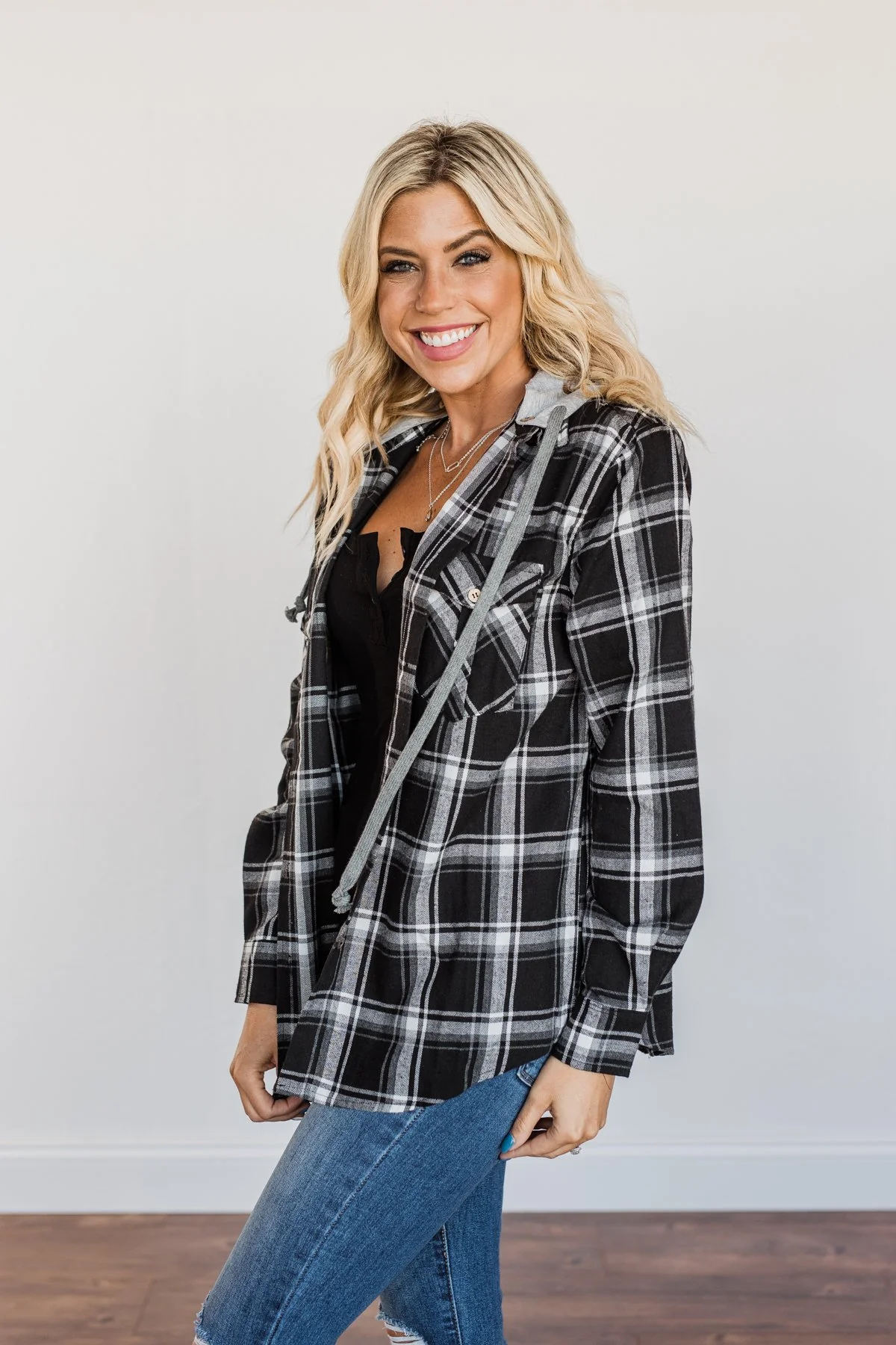 Nights By The Fire Hooded Plaid Top- Black - Image 12