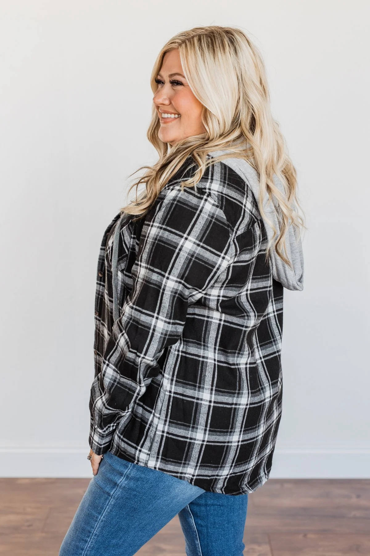 Nights By The Fire Hooded Plaid Top- Black - Image 13