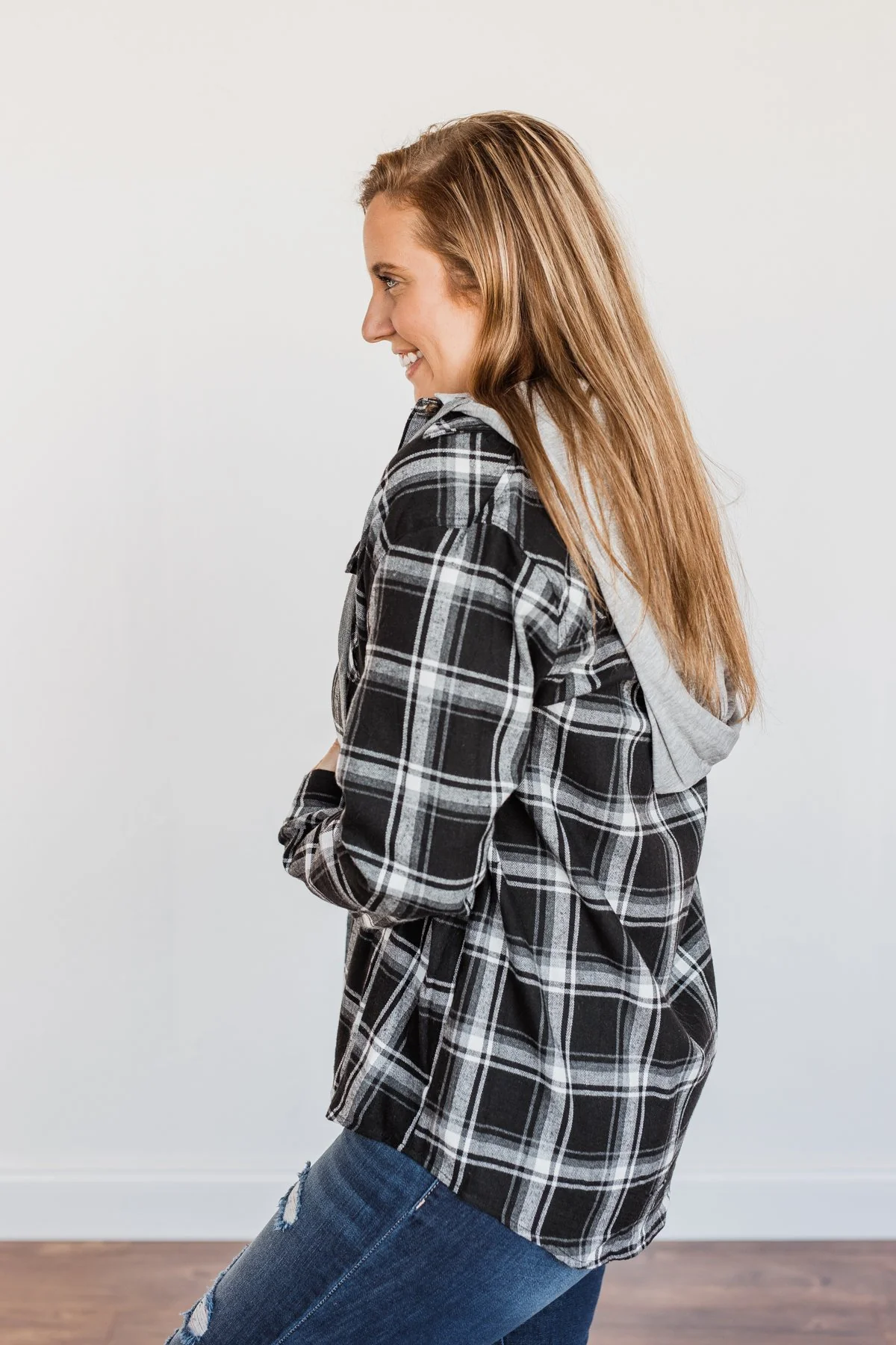 Nights By The Fire Hooded Plaid Top- Black - Image 14