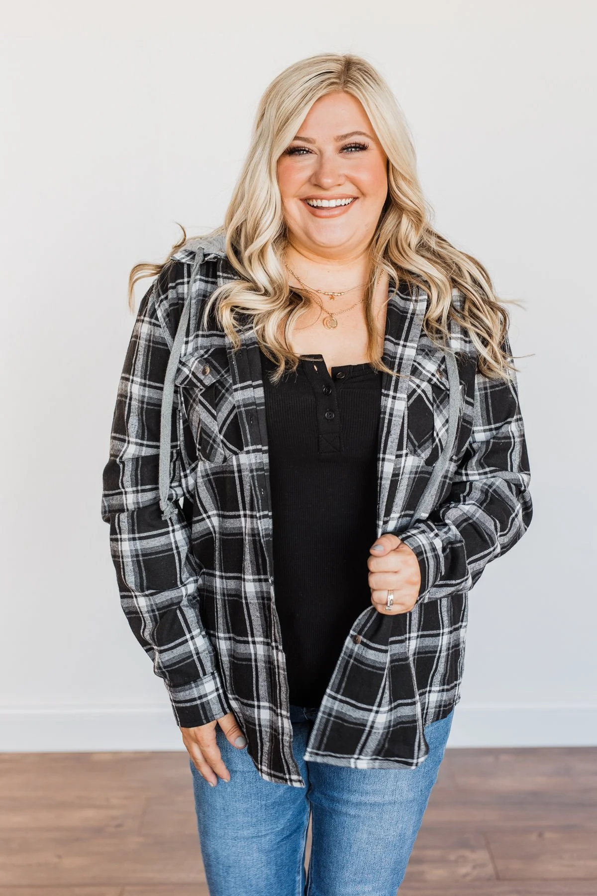 Nights By The Fire Hooded Plaid Top- Black - Image 2