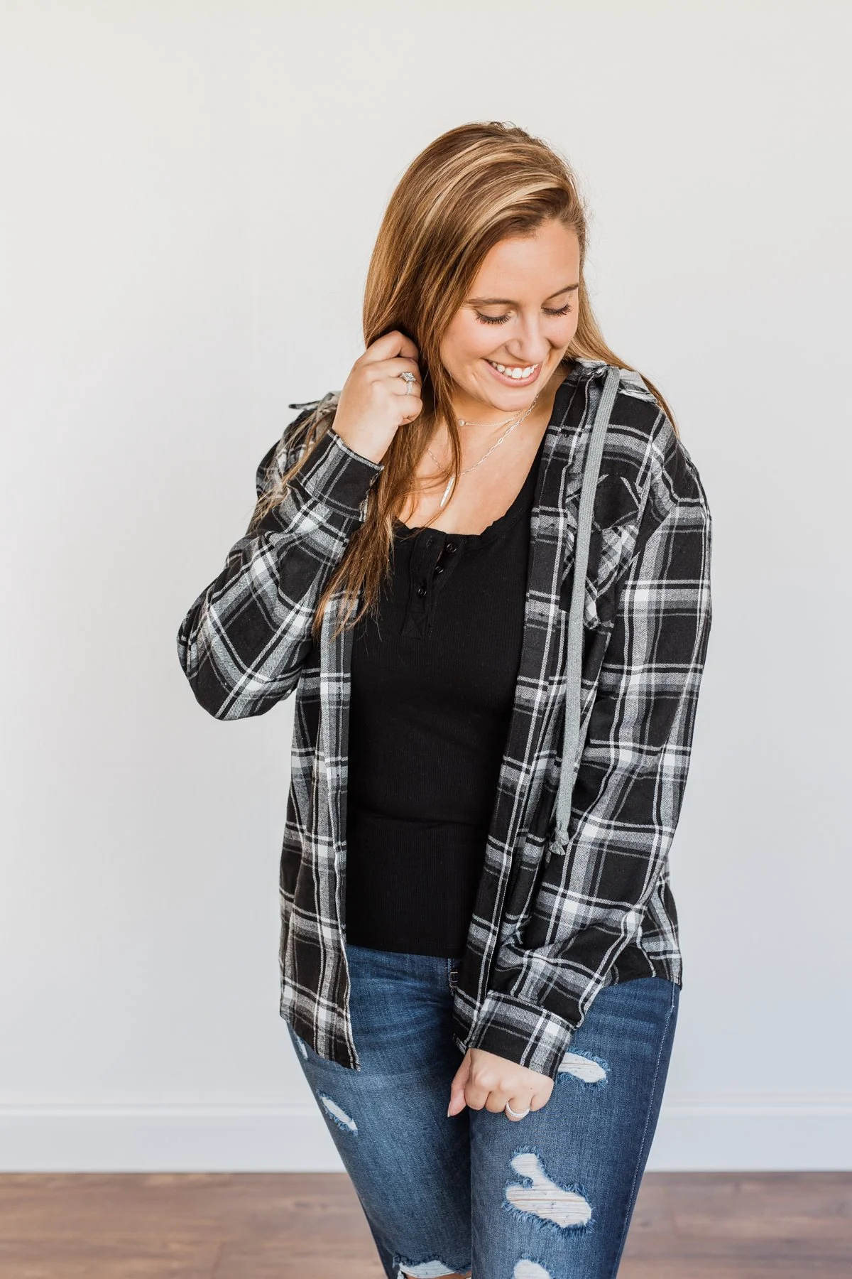 Nights By The Fire Hooded Plaid Top- Black - Image 3
