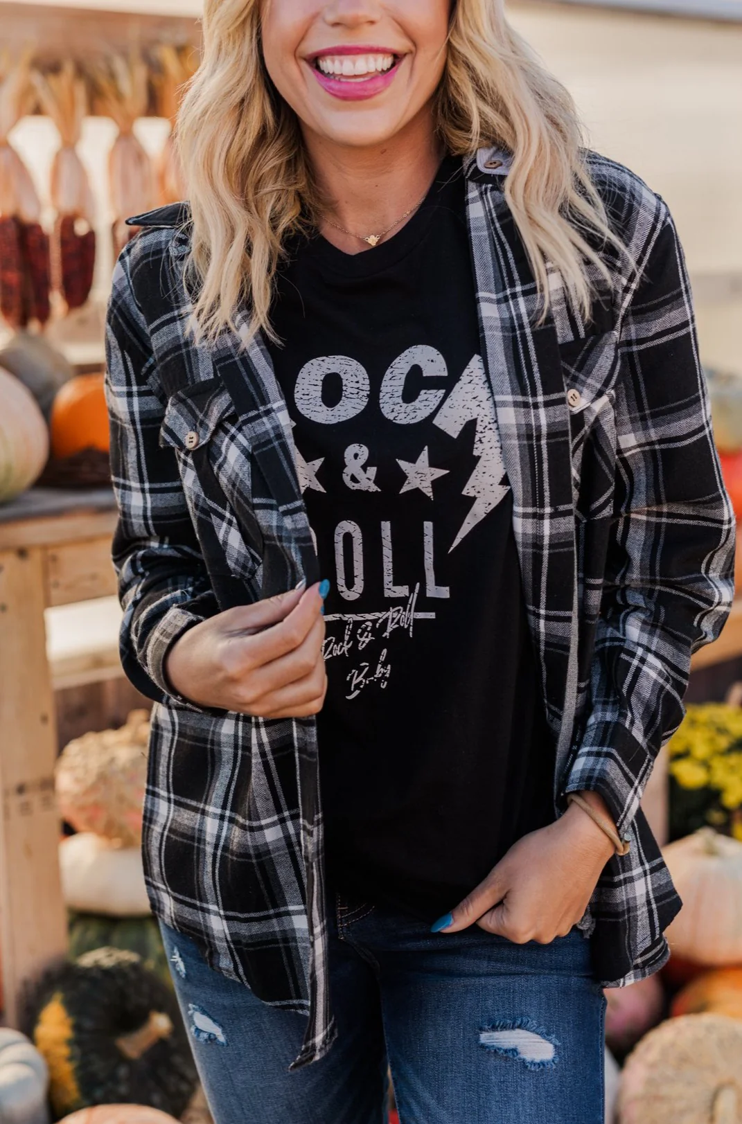 Nights By The Fire Hooded Plaid Top- Black - Image 4