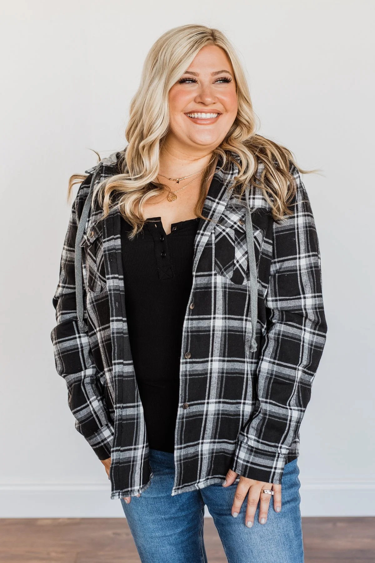 Nights By The Fire Hooded Plaid Top- Black - Image 5